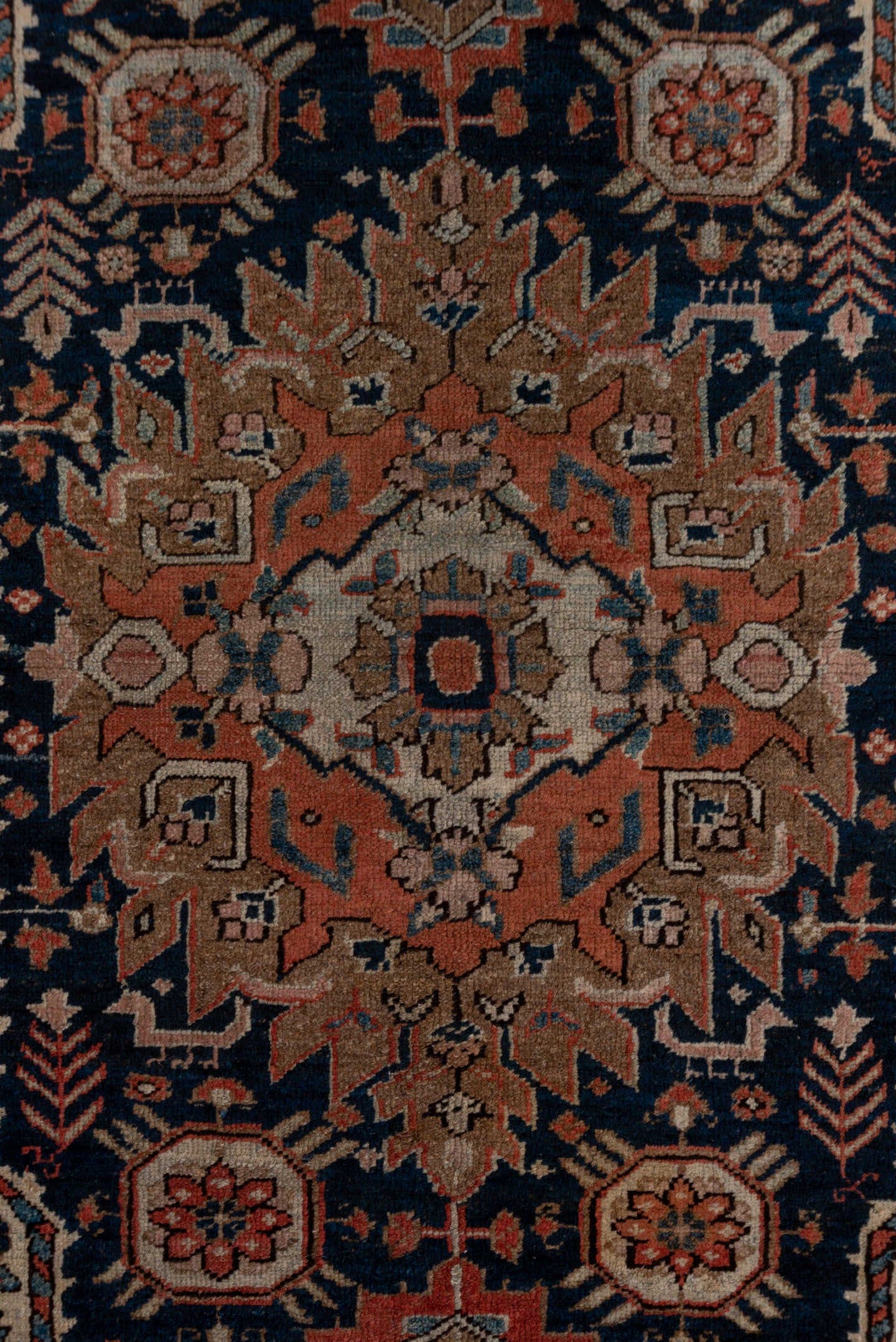 3' x 5' one-of-a-kind handmade antique Heriz small size rug. Color palette: navy, rust, ivory, taupe, slate, camel, rose