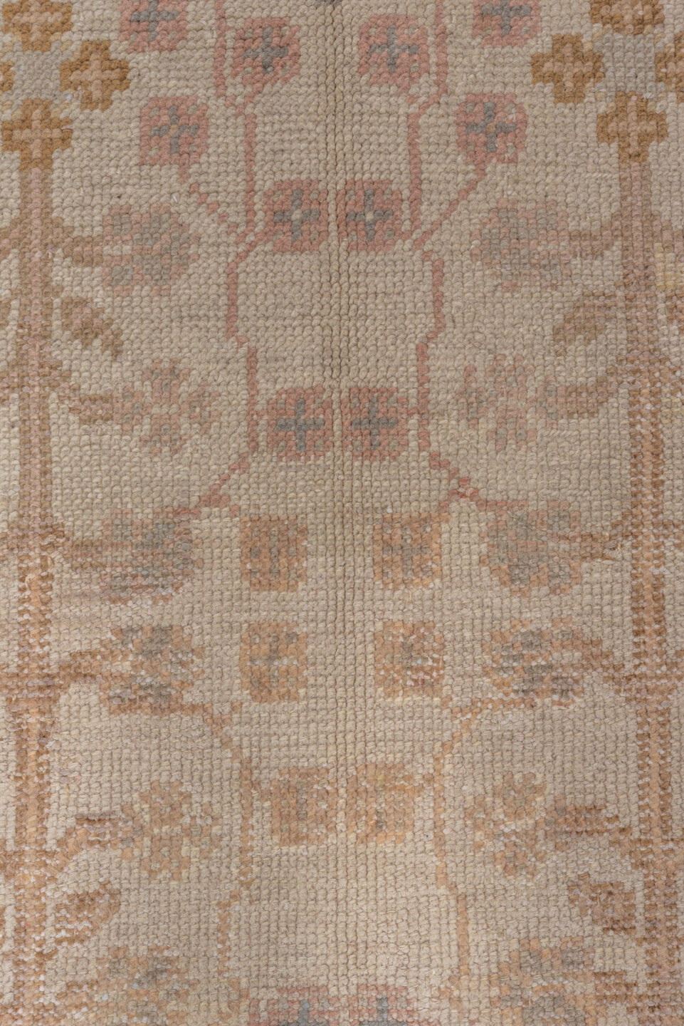 6' x 9' one-of-a-kind handmade antique Oushak medium size rug. Color palette: ivory, blush, taupe, sage, gold, rose, camel