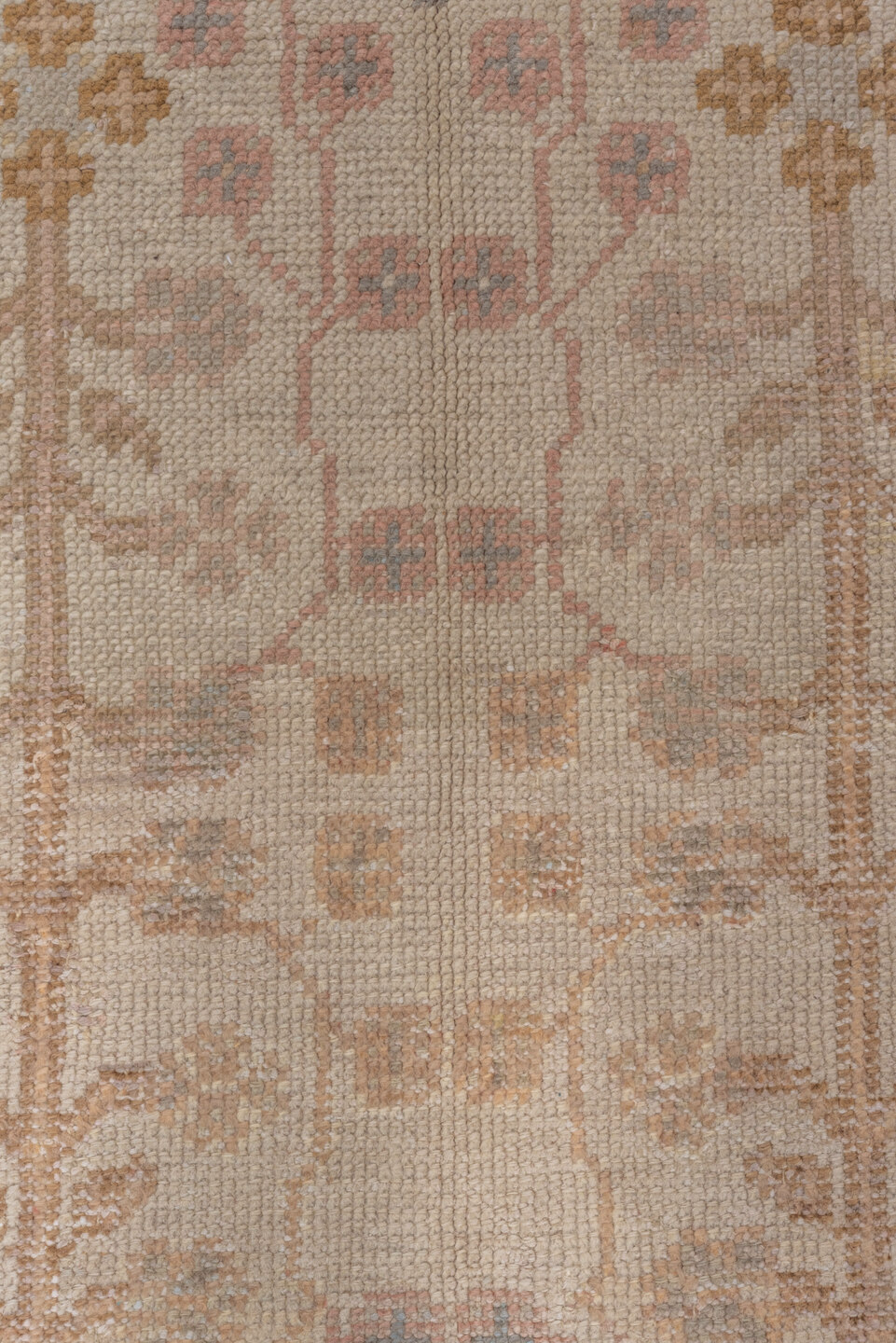 6' x 9' one-of-a-kind handmade vintage Oushak medium size rug. Color palette: brown, gray, light gray, pink