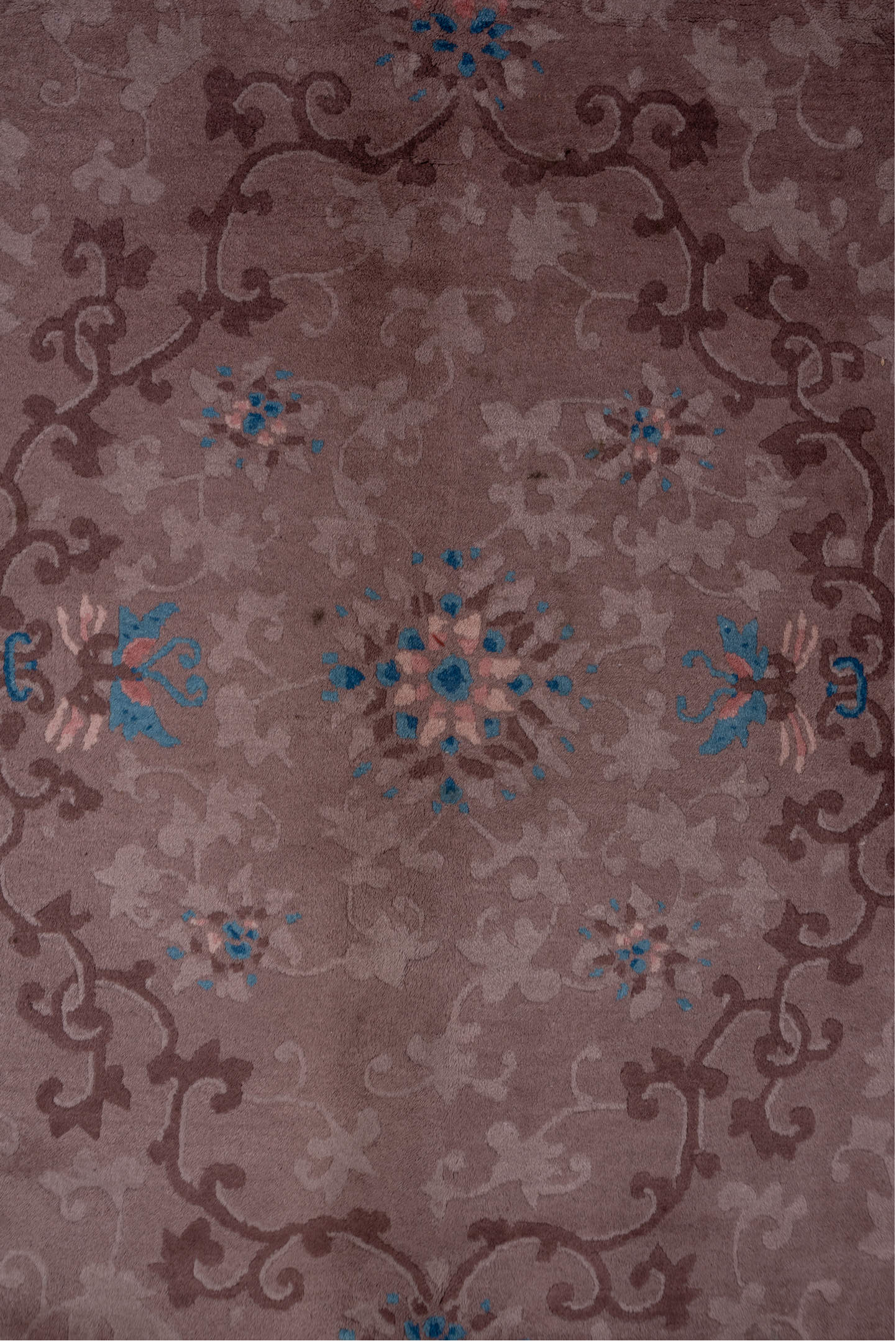 9' x 11' one-of-a-kind handmade vintage Chinese large size rug. Color palette: blue, brown, gray, pink