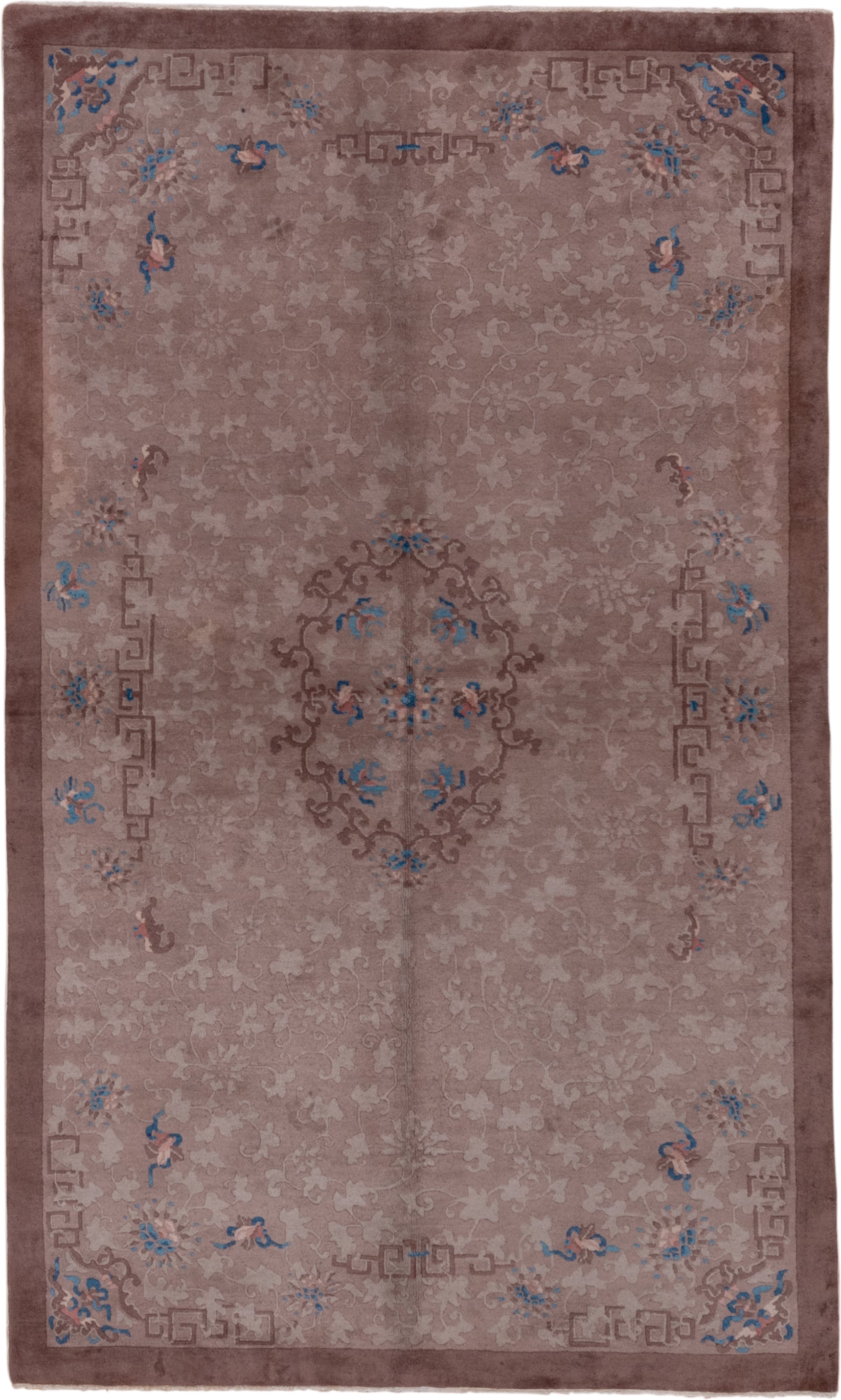 5' x 8' one-of-a-kind handmade antique Chinese medium size rug. Color palette: taupe, mauve, dusty rose, ivory, blue, slate