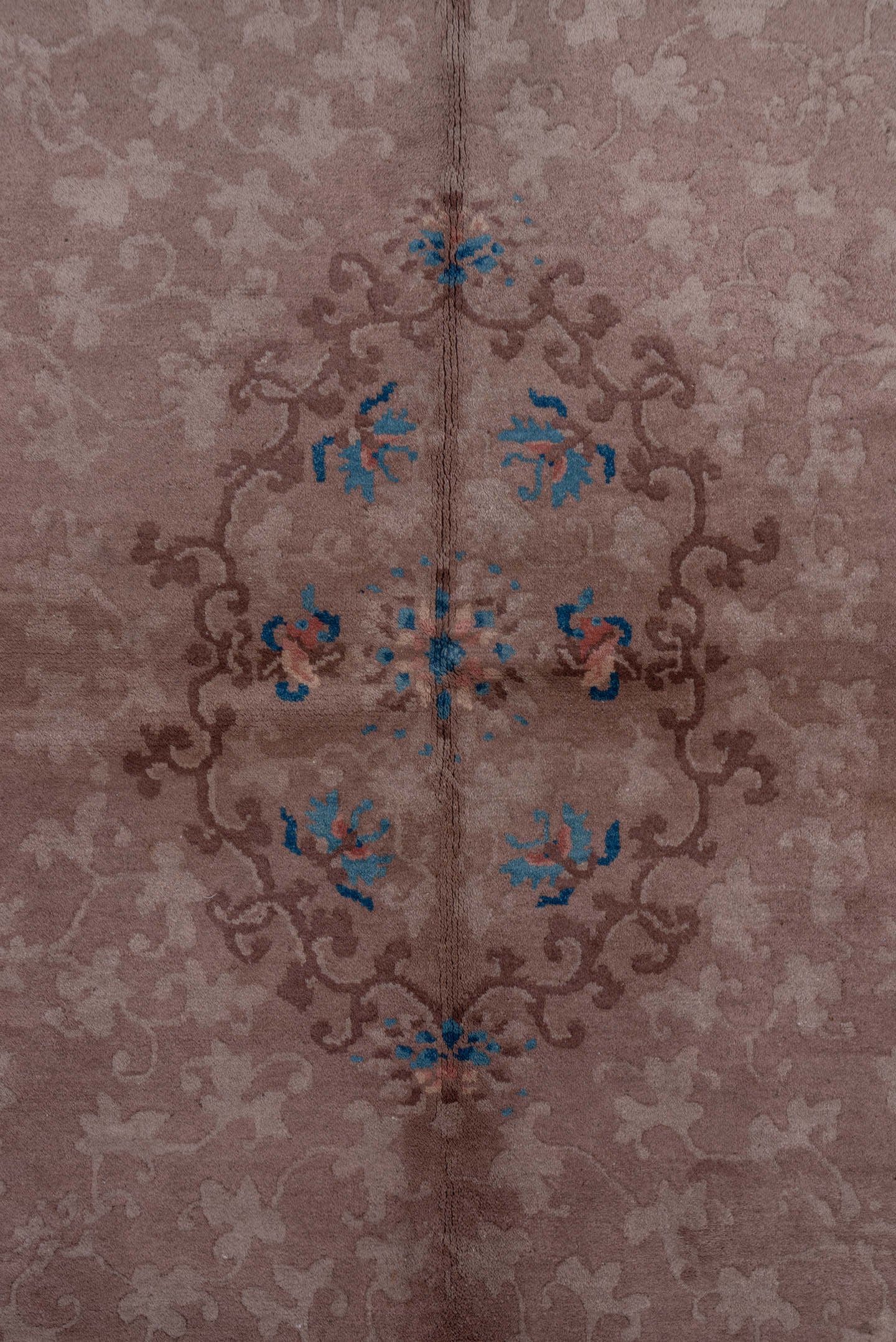 5' x 8' one-of-a-kind handmade antique Chinese medium size rug. Color palette: taupe, mauve, dusty rose, ivory, blue, slate