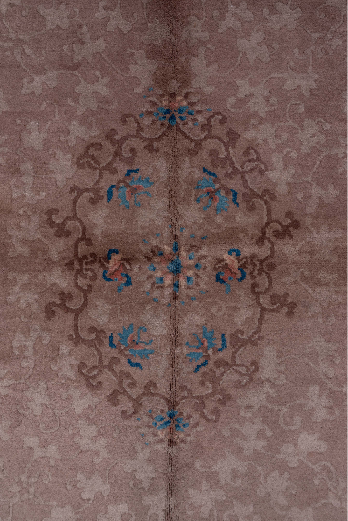 5' x 8' one-of-a-kind handmade vintage Chinese medium size rug. Color palette: blue, brown, gray, pink