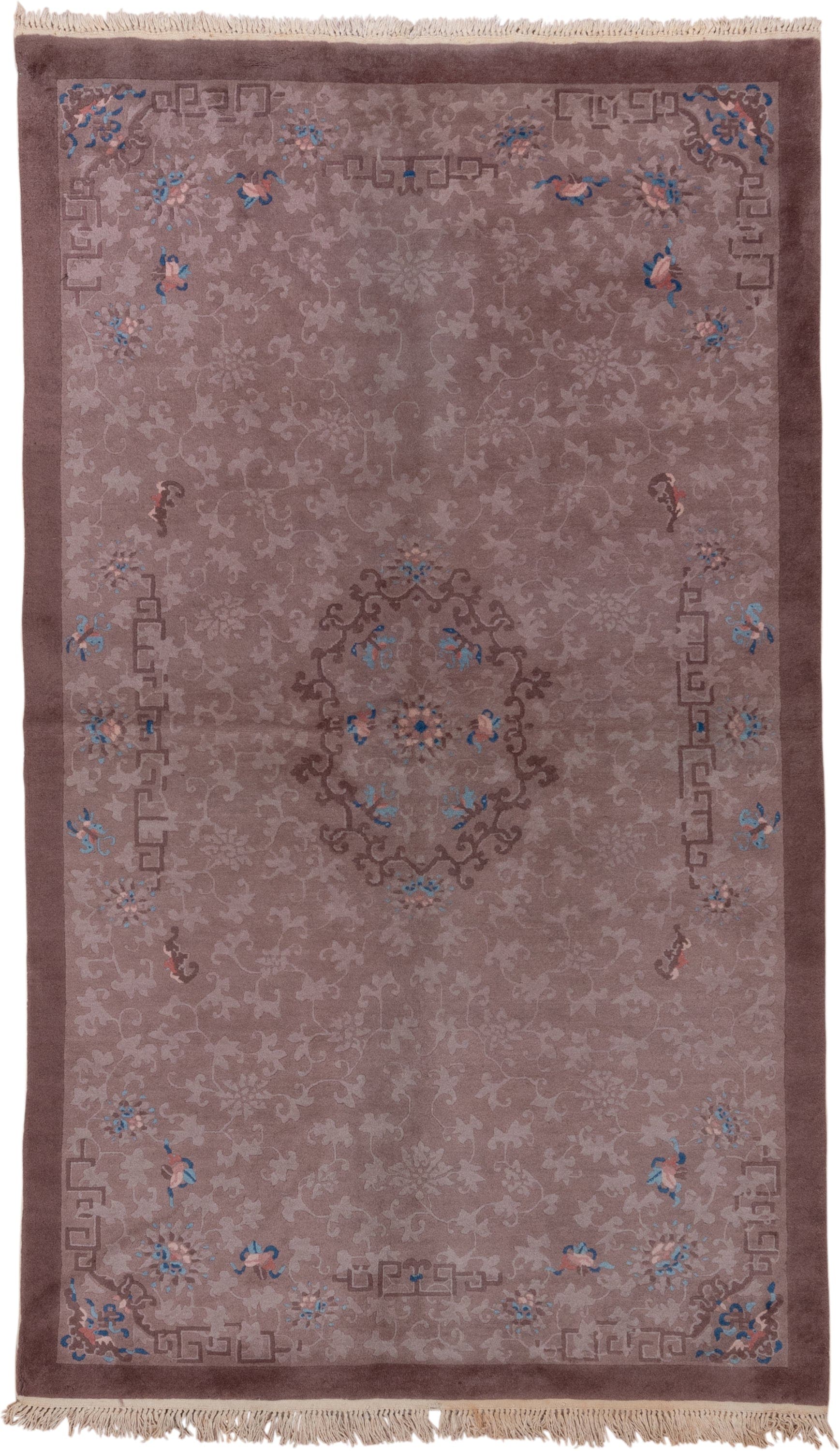 5' x 8' one-of-a-kind handmade antique Chinese medium size rug. Color palette: taupe, mauve, dusty rose, brown, sky blue