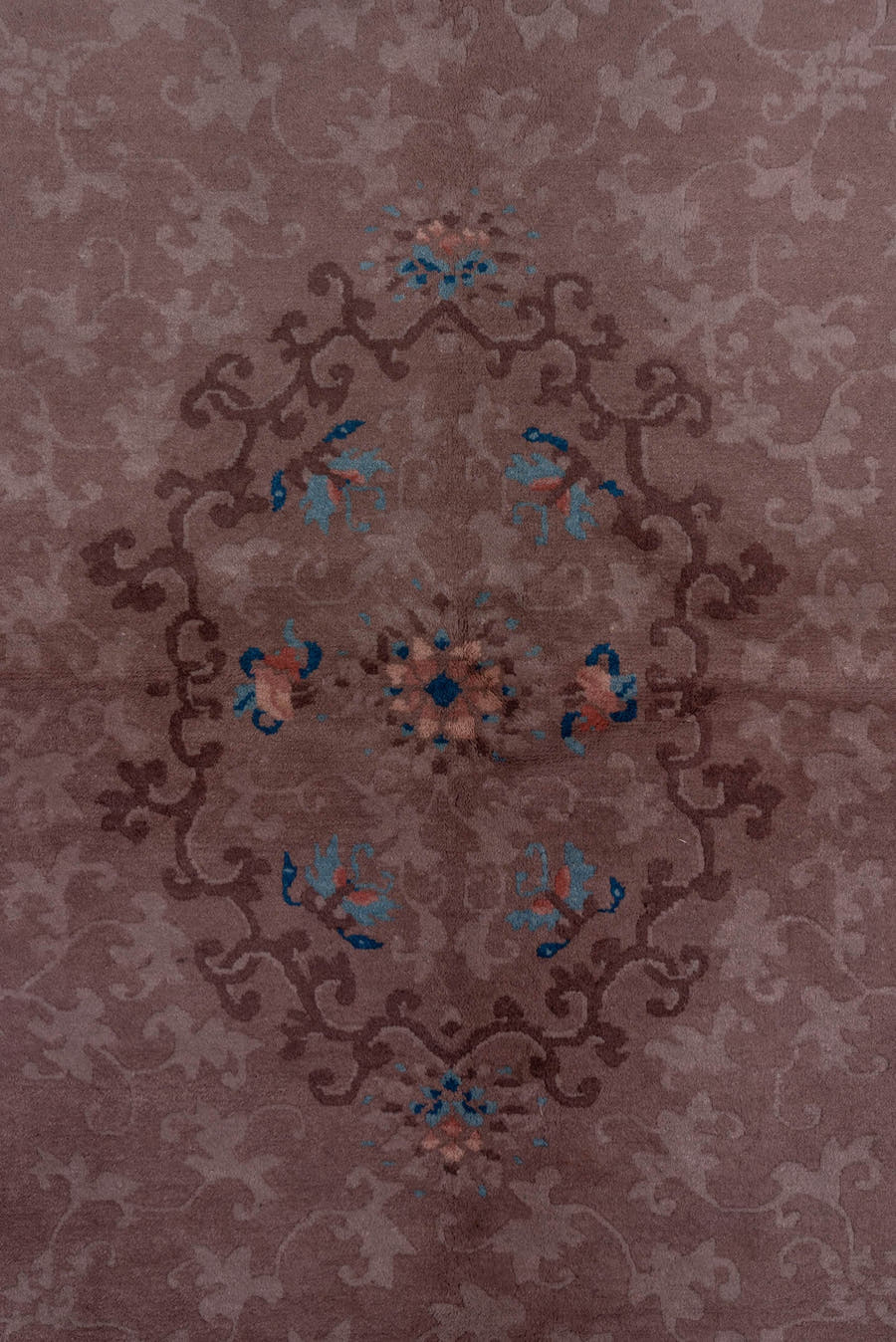 5' x 8' one-of-a-kind handmade antique Chinese medium size rug. Color palette: taupe, mauve, dusty rose, brown, sky blue