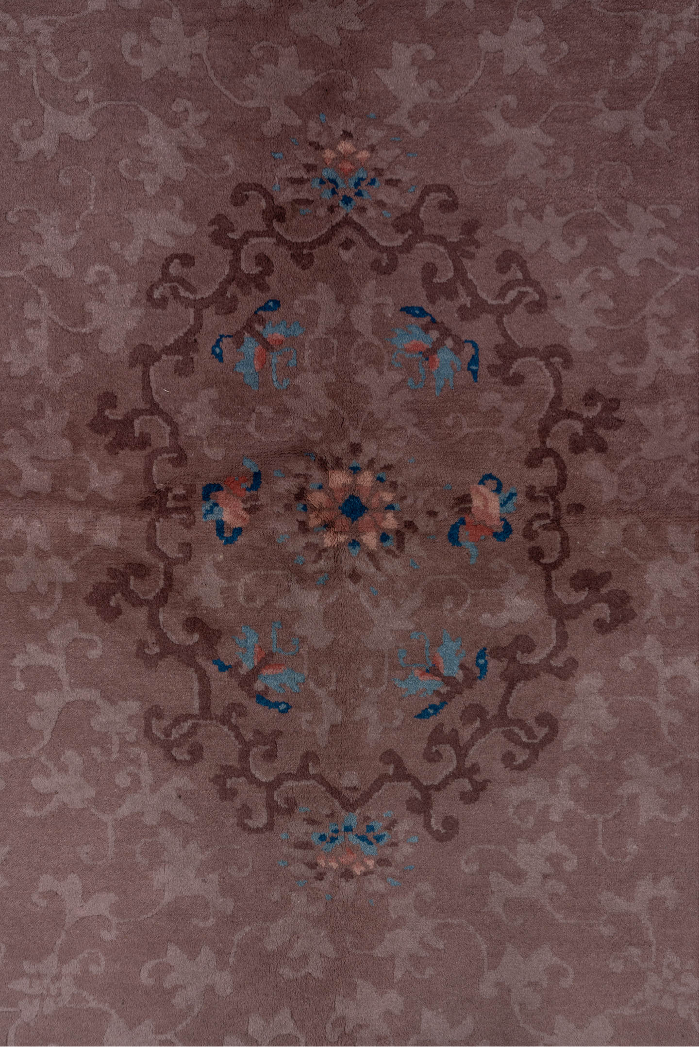 5' x 8' one-of-a-kind handmade antique Chinese medium size rug. Color palette: taupe, mauve, dusty rose, brown, sky blue