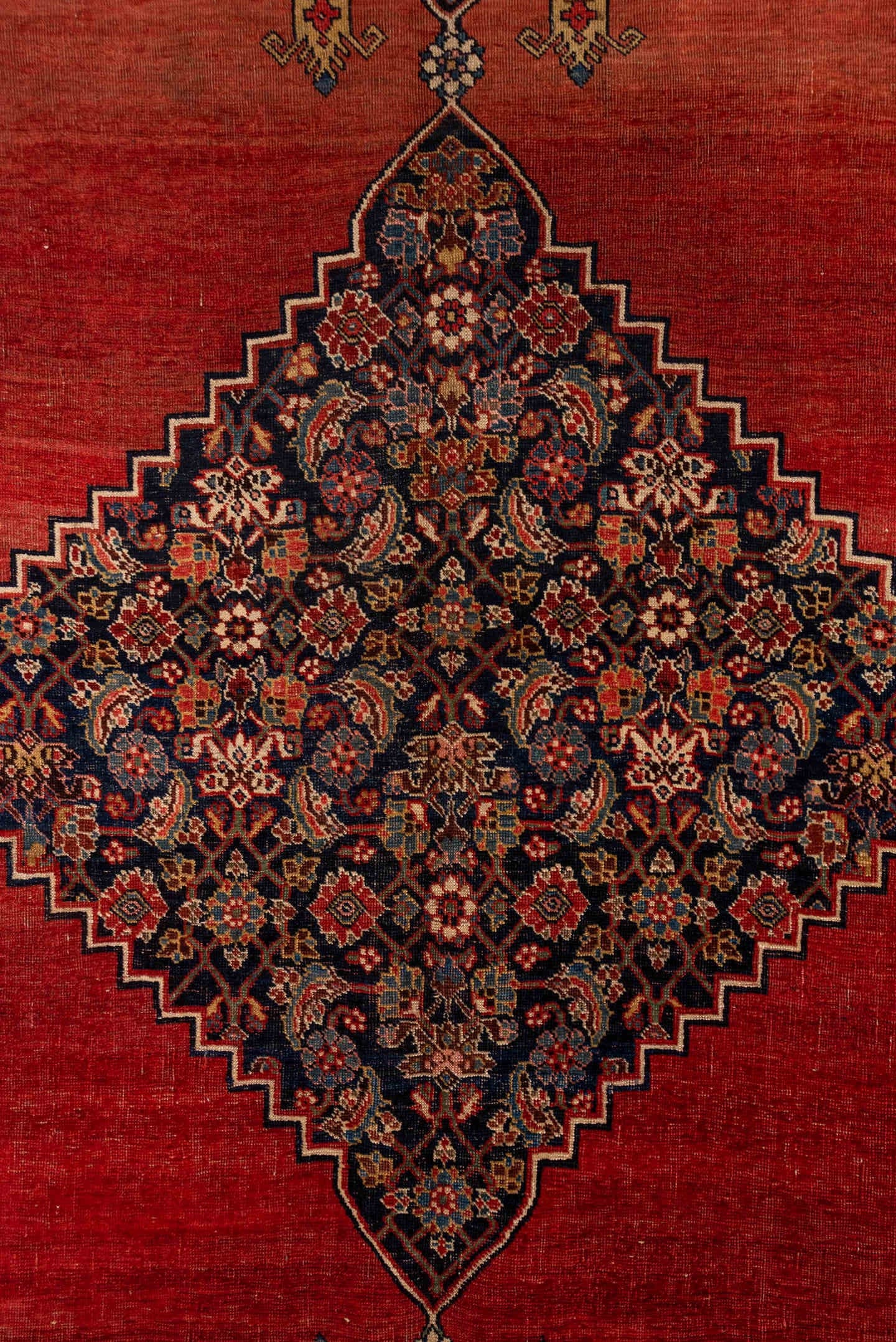 9' x 14' one-of-a-kind handmade antique Bidjar large size rug. Color palette: rust, navy, ivory, brick, slate, camel, rose
