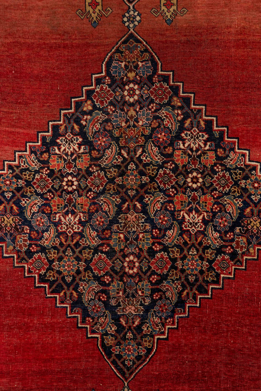 9' x 14' one-of-a-kind handmade antique Bidjar large size rug. Color palette: rust, navy, ivory, brick, slate, camel, rose
