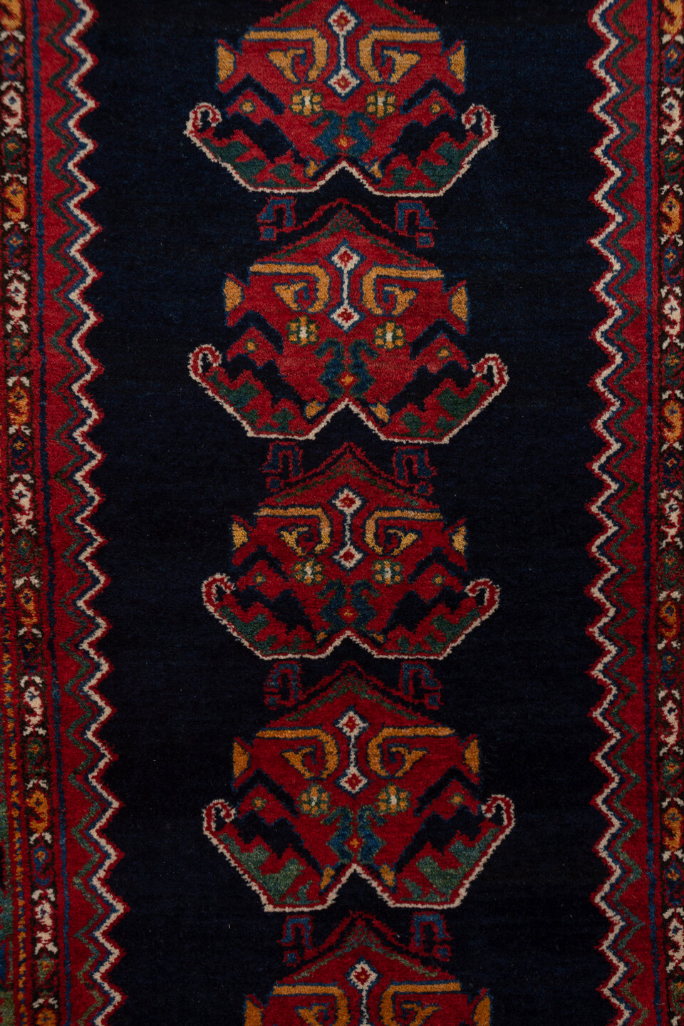 3' x 16' one-of-a-kind handmade antique Malayer runner rug. Color palette: indigo, rust, crimson, ivory, navy, terra cotta
