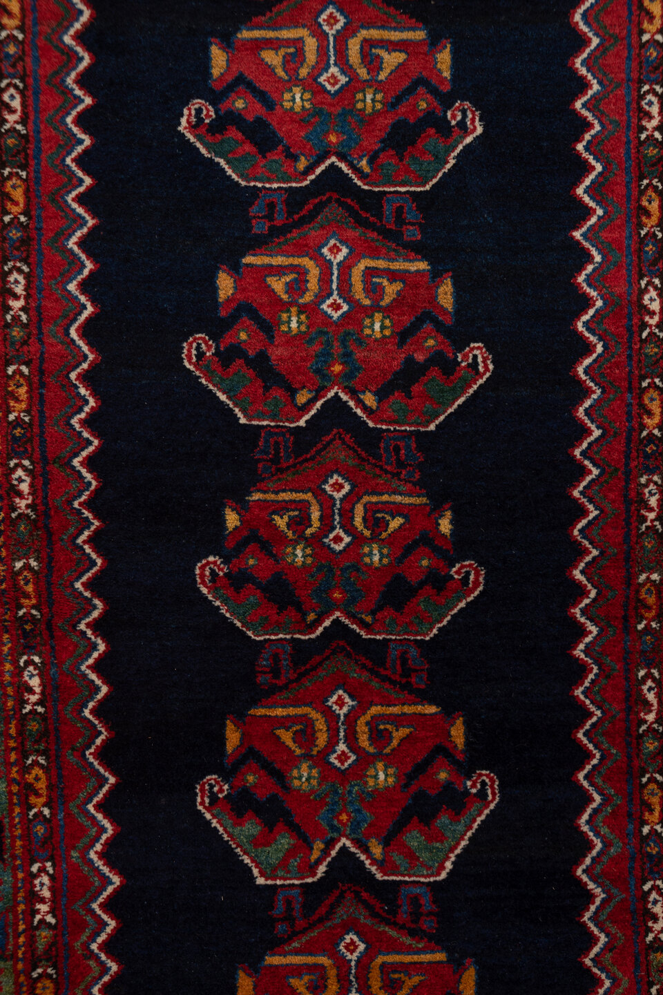 3' x 16' one-of-a-kind handmade antique Malayer runner rug. Color palette: indigo, rust, crimson, ivory, navy, terra cotta