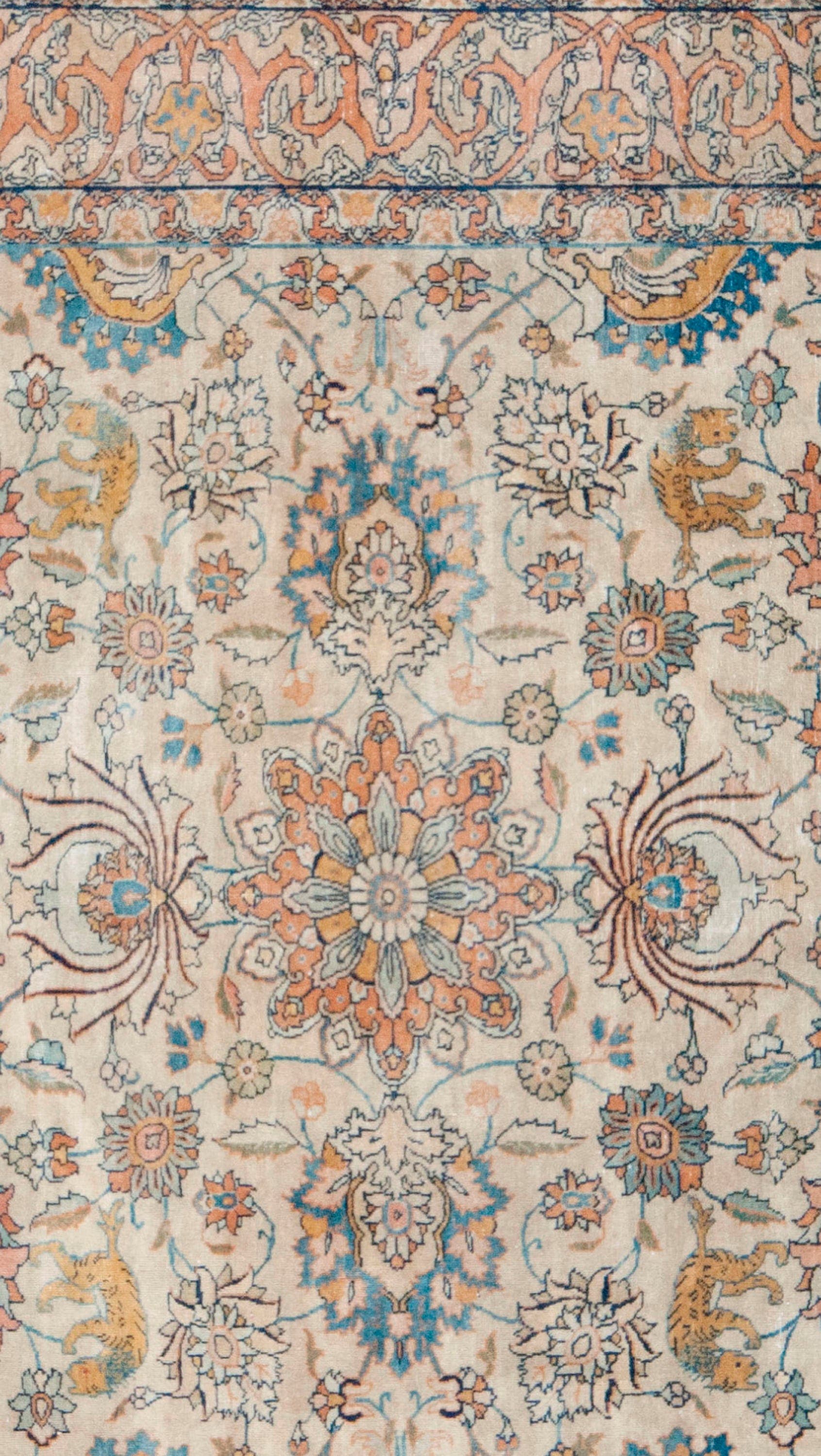 7' x 10' one-of-a-kind handmade antique Tabriz large size rug. Color palette: ivory, peach, sky blue, camel, sage, taupe