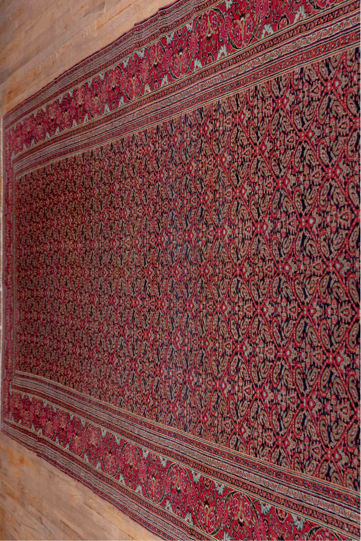 7' x 20' one-of-a-kind handmade antique Khorassan rug. Color palette: rose, navy, burgundy, ivory, dusty pink, taupe