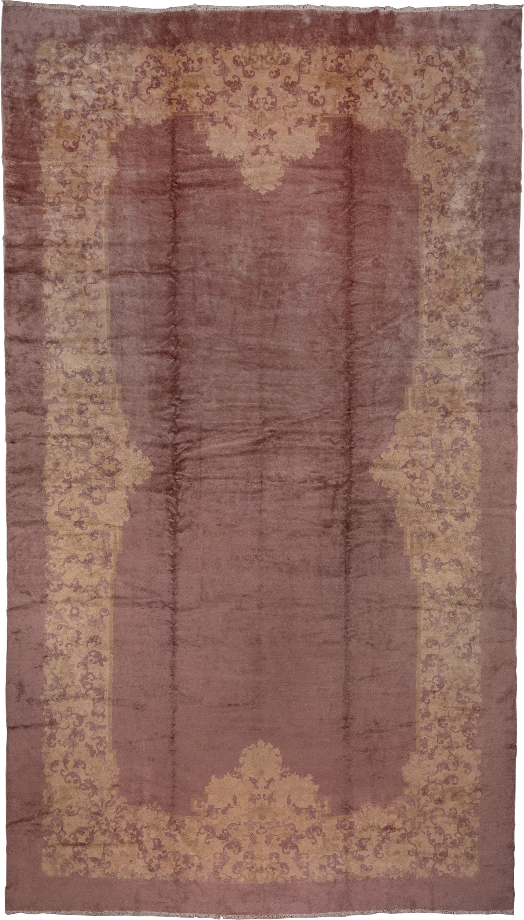 12' x 20' one-of-a-kind handmade antique Chinese oversize rug. Color palette: rose, taupe, beige, mauve, dusty lavender