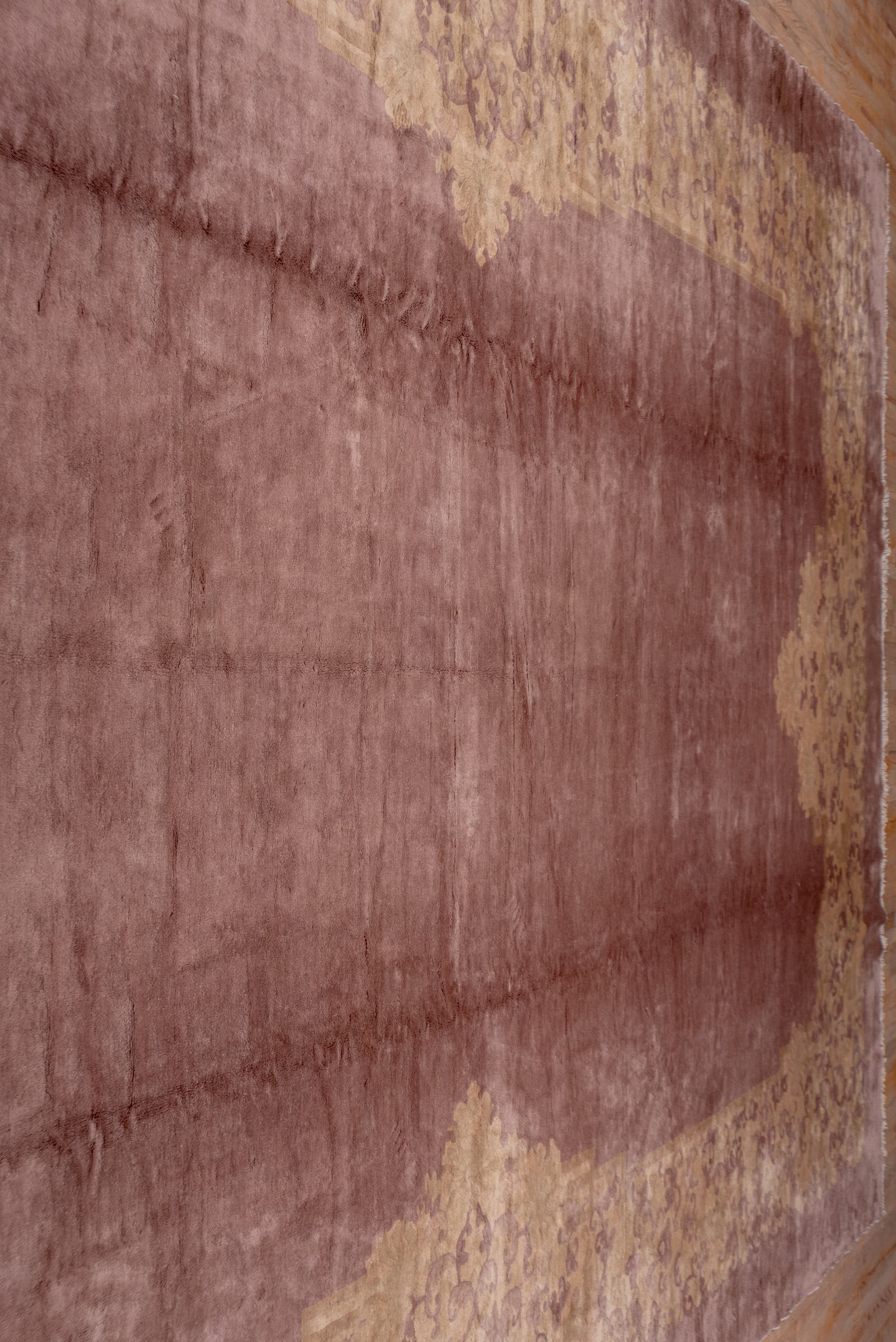 12' x 20' one-of-a-kind handmade antique Chinese oversize rug. Color palette: rose, taupe, beige, mauve, dusty lavender