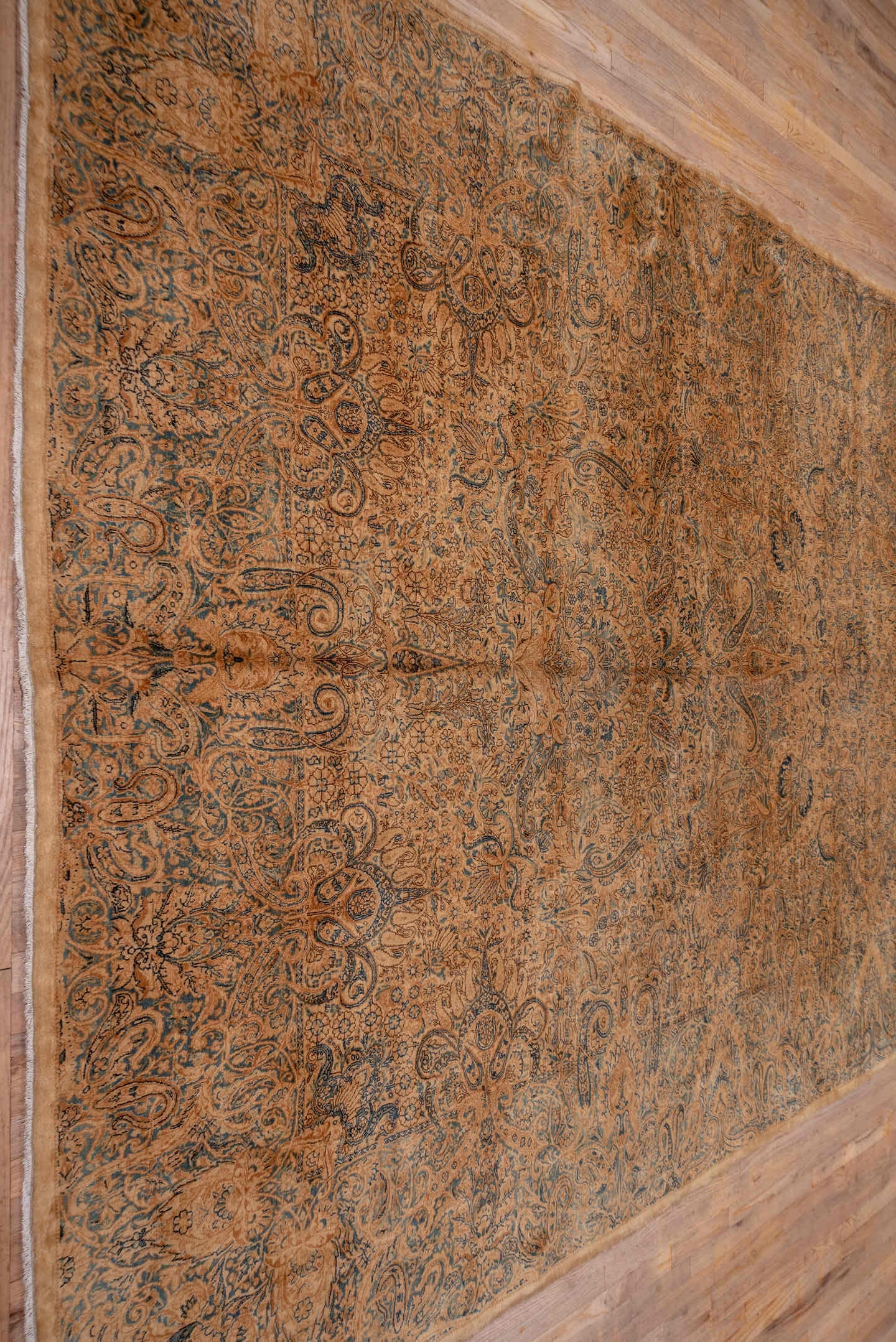 8' x 19' one-of-a-kind handmade antique Kerman rug. Color palette: peach, ivory, blue_gray, taupe, camel, slate, terracotta