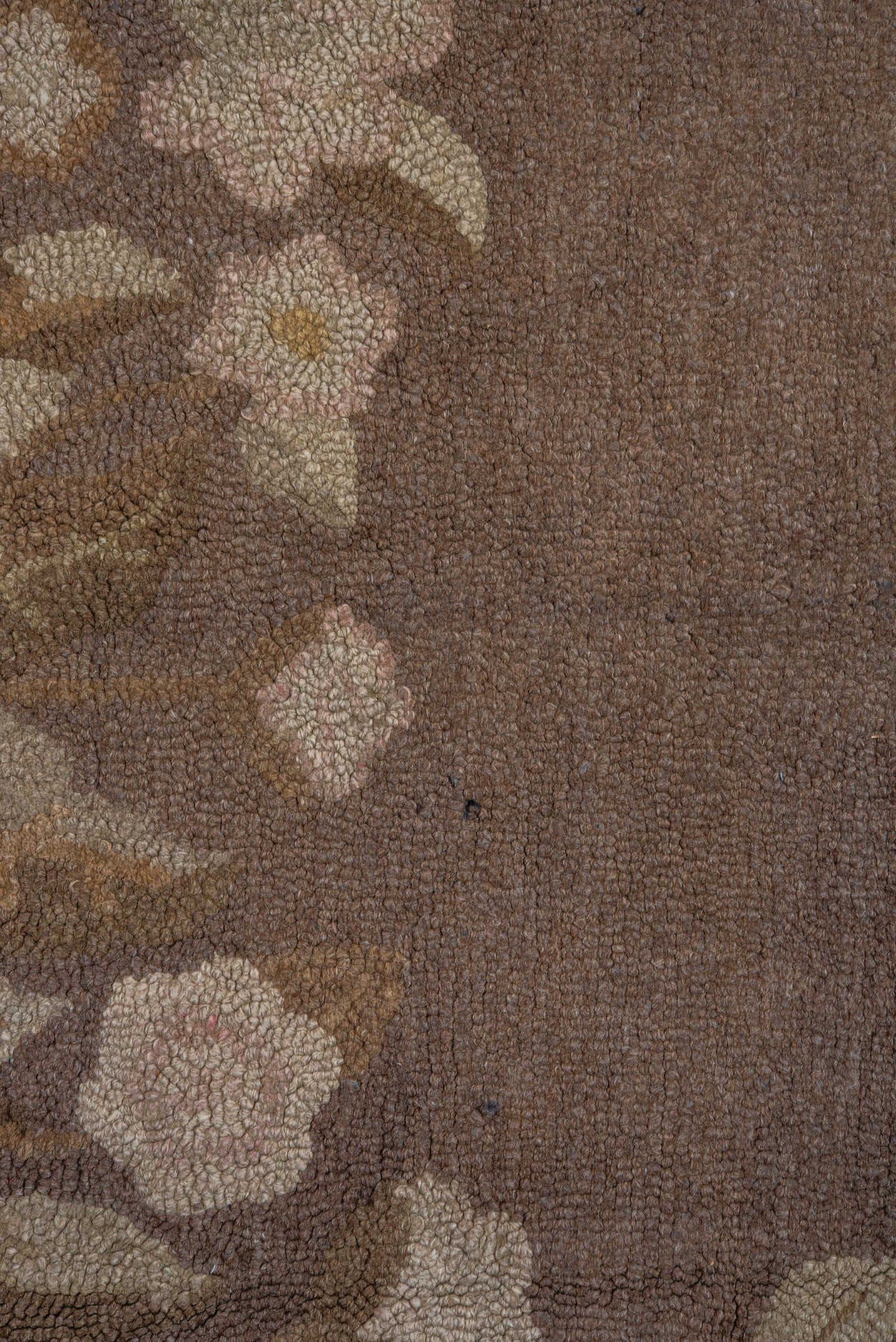 5' x 5' one-of-a-kind handmade antique Hooked rug. Color palette: taupe, brown, ivory, beige, cream, camel, gray