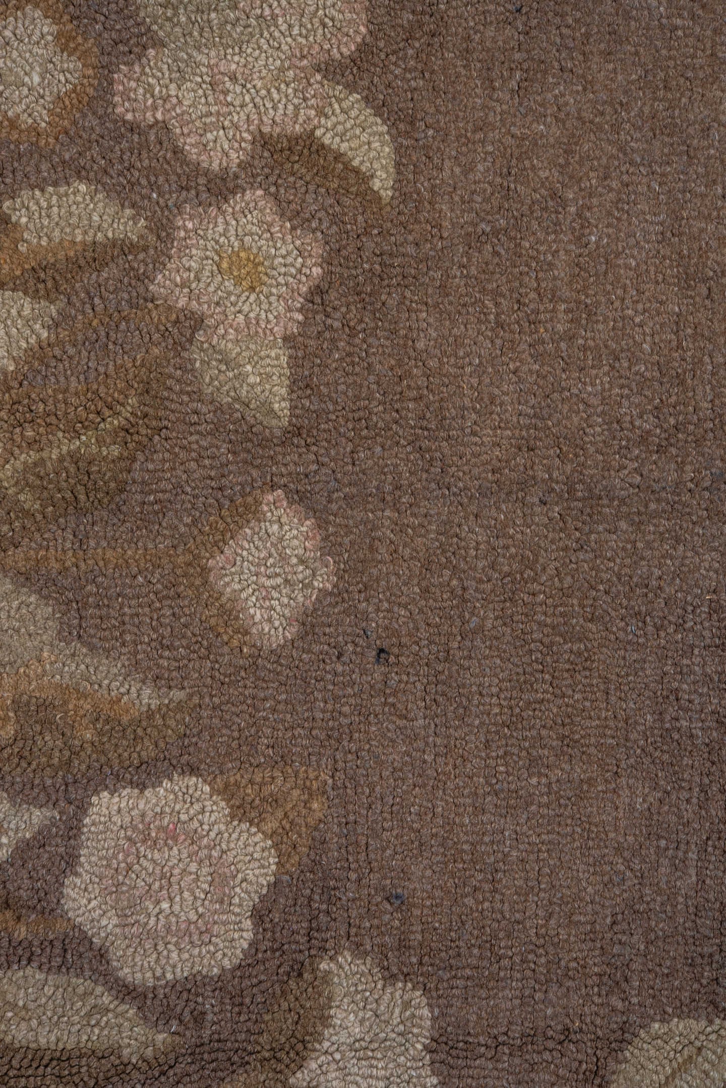 5' x 5' one-of-a-kind handmade antique Hooked rug. Color palette: taupe, brown, ivory, beige, cream, camel, gray