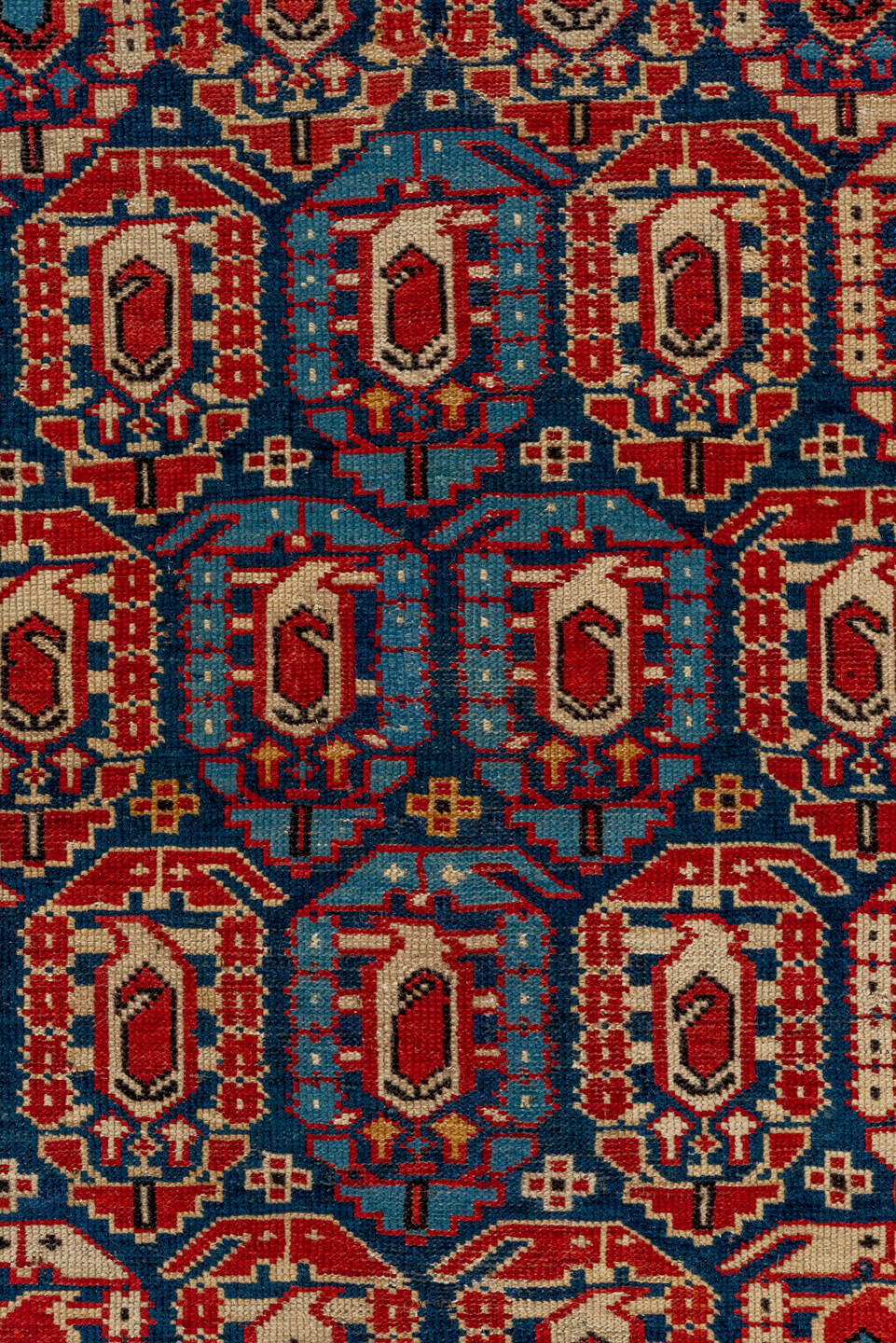 3' x 9' one-of-a-kind handmade antique Kuba runner rug. Color palette: indigo, ivory, rust, sky blue, camel, crimson, navy