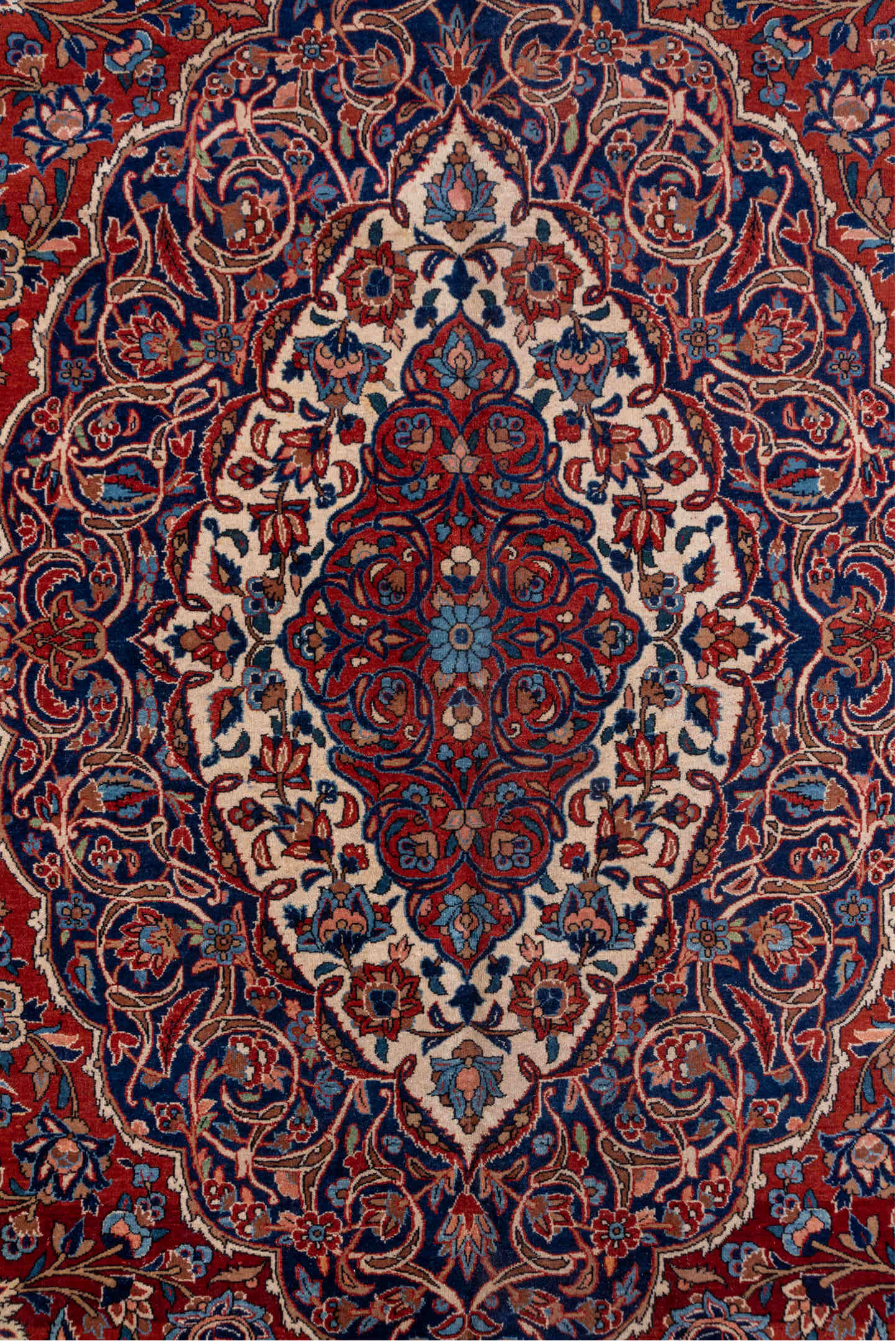 10' x 13' one-of-a-kind handmade antique Isfahan large size rug. Color palette: navy, rust, ivory, crimson, cobalt, camel