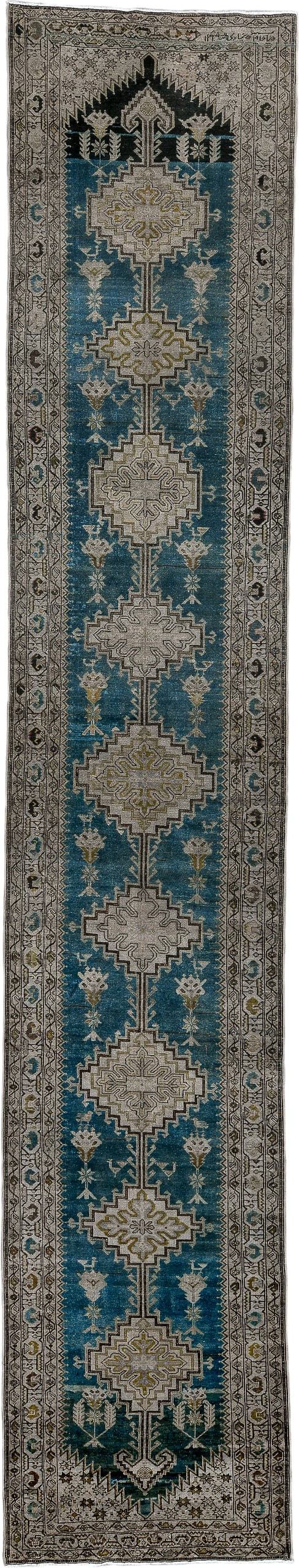 3' x 17' one-of-a-kind handmade antique Malayer runner rug. Color palette: ivory, teal, charcoal, taupe, olive, camel, gray
