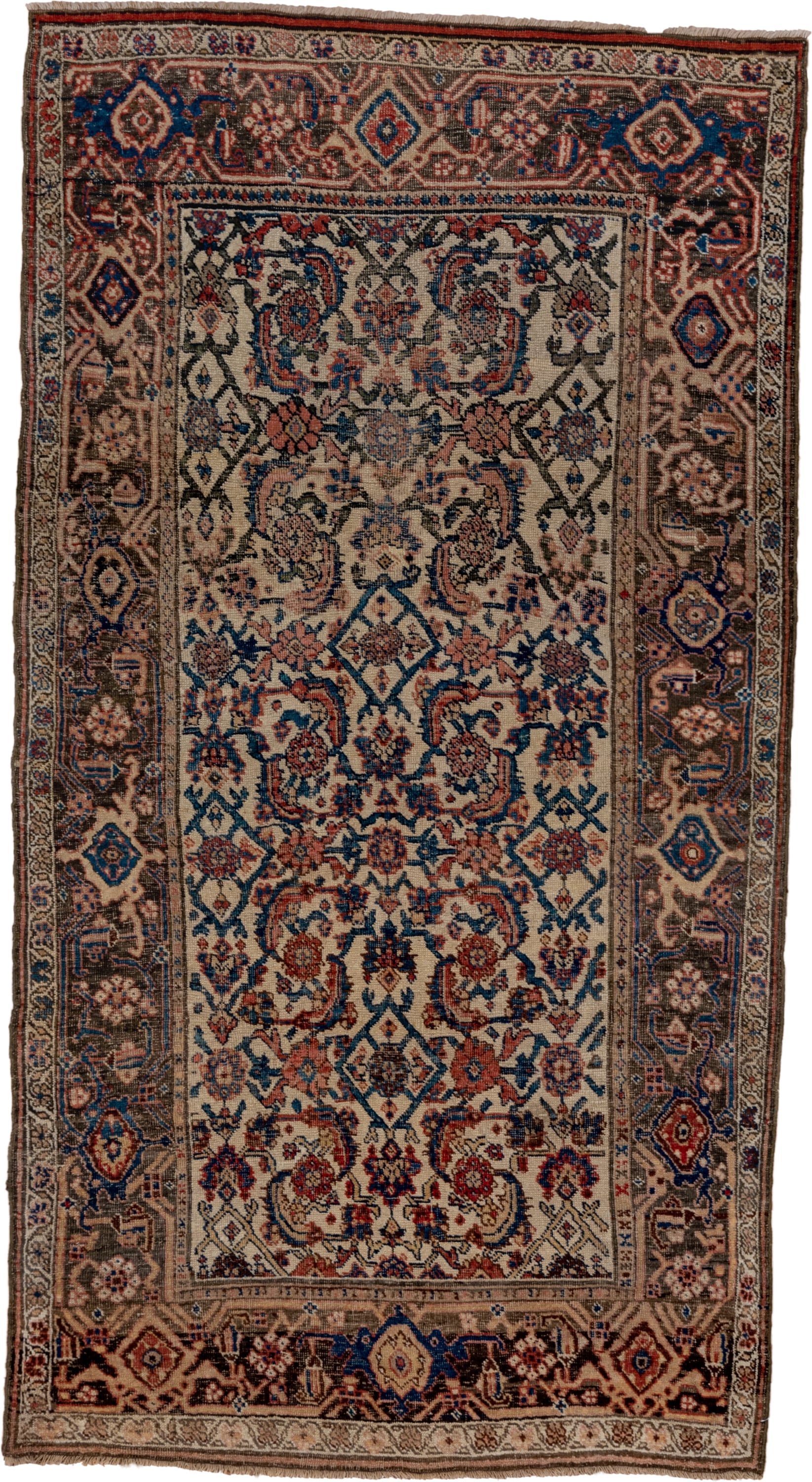 4' x 7' one-of-a-kind handmade antique Bidjar rug. Color palette: ivory, indigo, taupe, rust, rose, camel, charcoal, purple