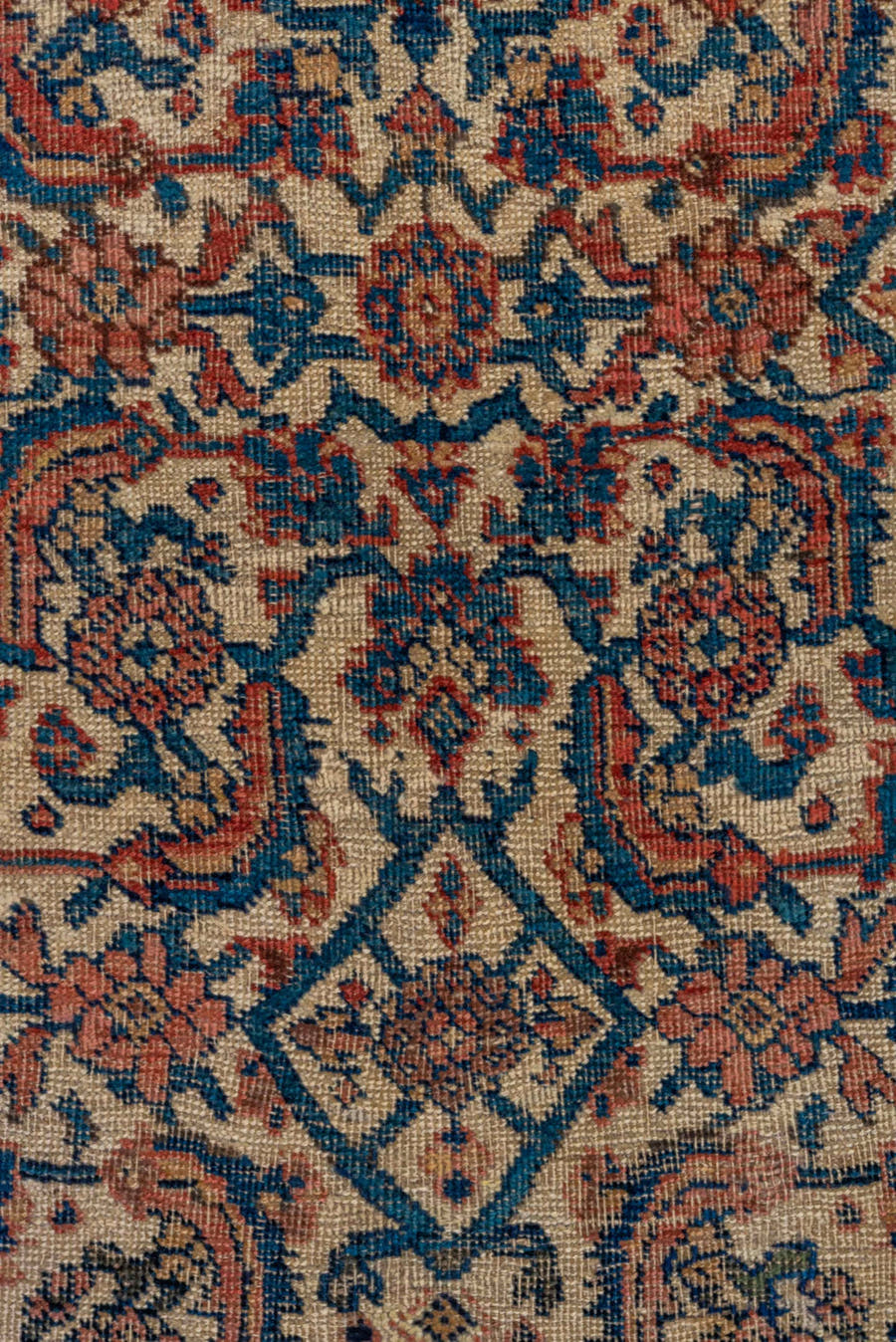 4' x 7' one-of-a-kind handmade antique Bidjar rug. Color palette: ivory, indigo, taupe, rust, rose, camel, charcoal, purple
