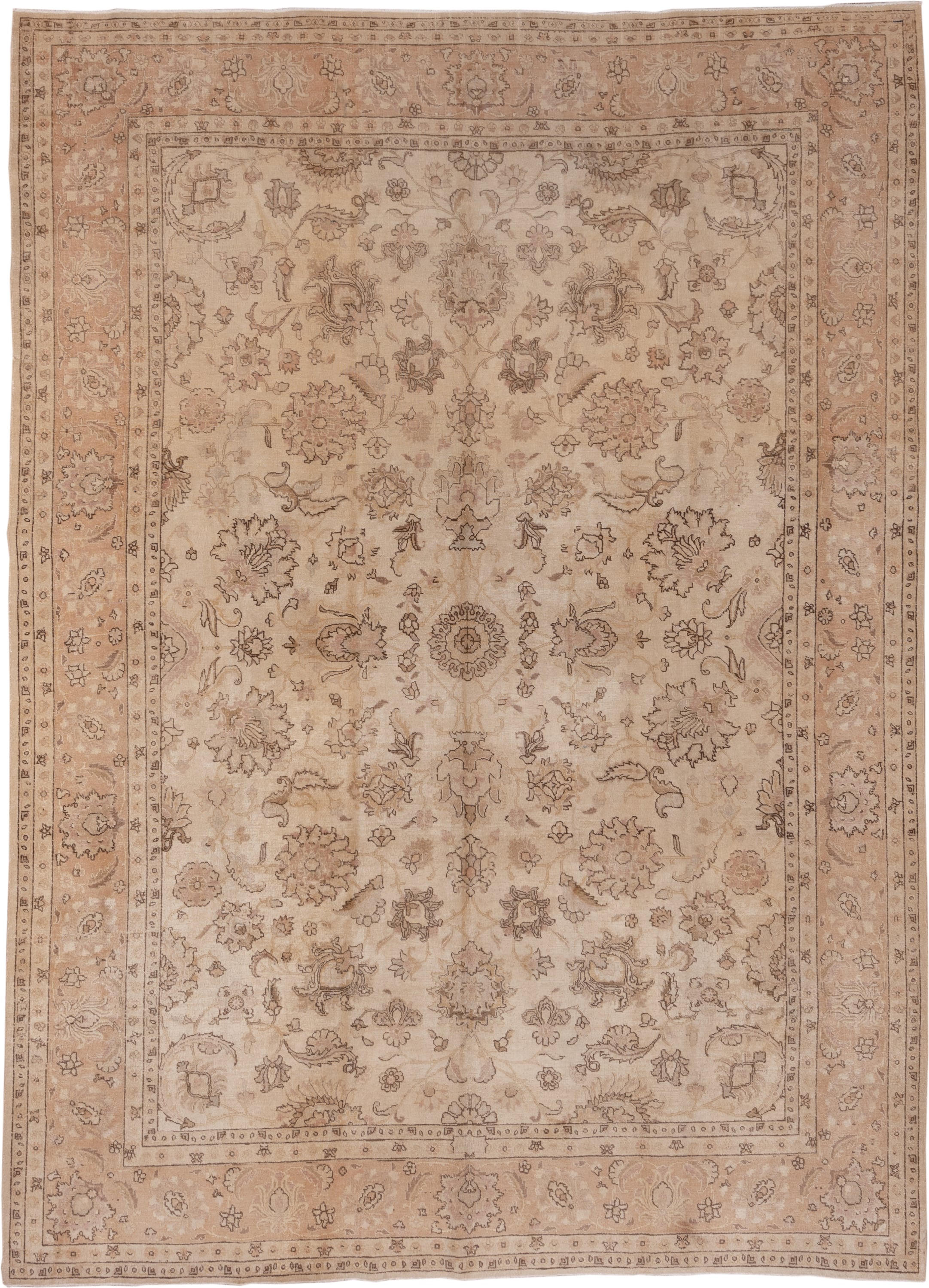 7' x 10' one-of-a-kind handmade antique Tabriz large size rug. Color palette: ivory, blush, taupe, camel, rose, beige, brown