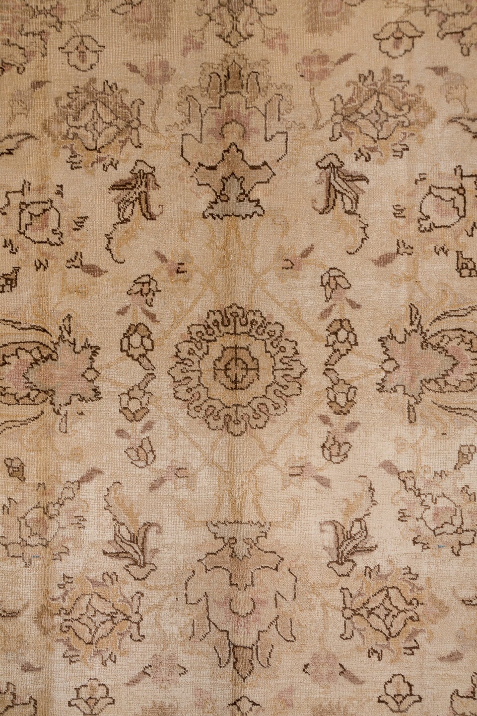 7' x 10' one-of-a-kind handmade antique Tabriz large size rug. Color palette: ivory, blush, taupe, camel, rose, beige, brown