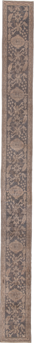 2' x 23' one-of-a-kind handmade antique Oushak runner rug. Color palette: taupe, brown, charcoal, beige, camel, gray, black