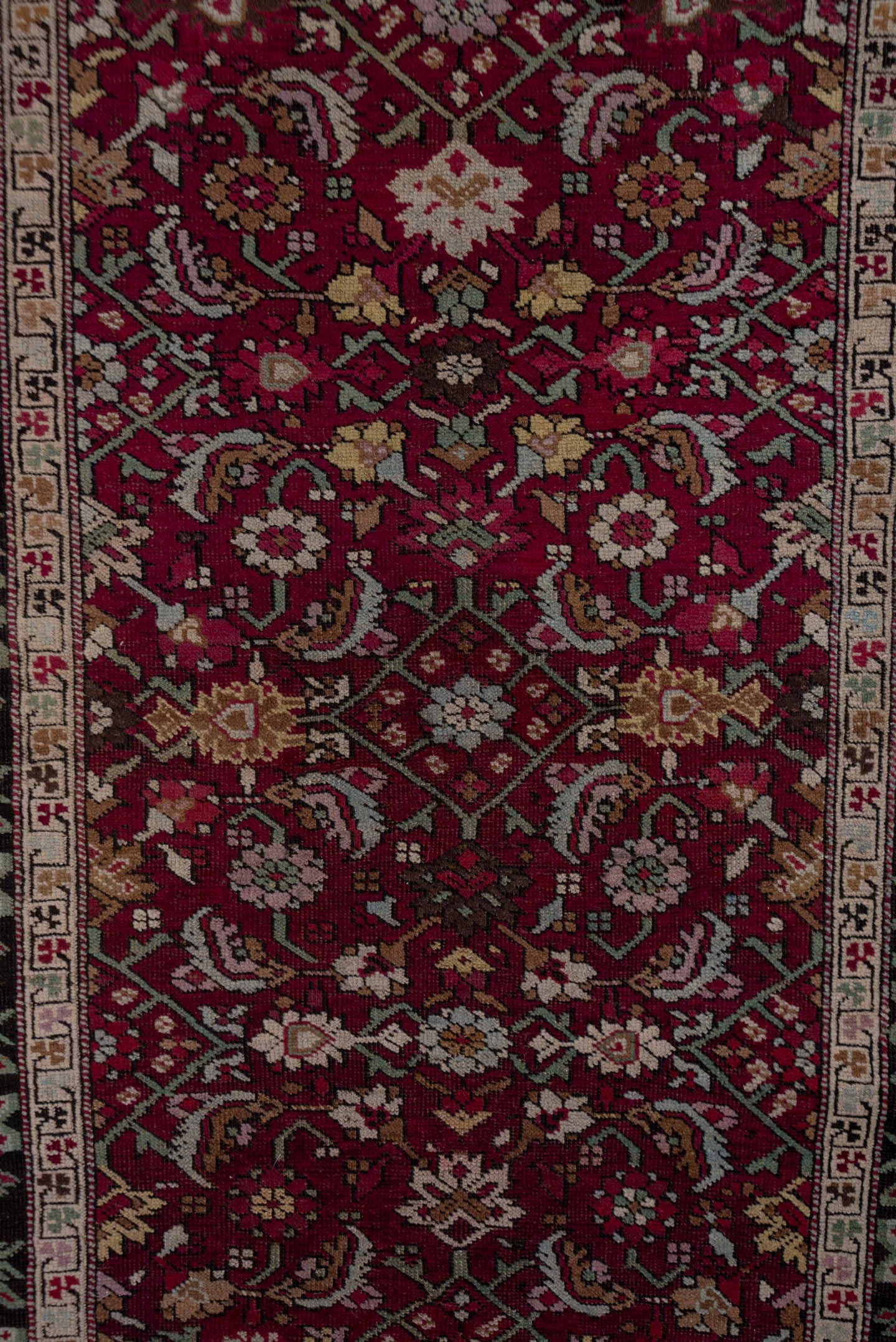 4' x 19' one-of-a-kind handmade antique Karabagh runner rug. Color palette: crimson, ivory, charcoal, rose, sage, taupe