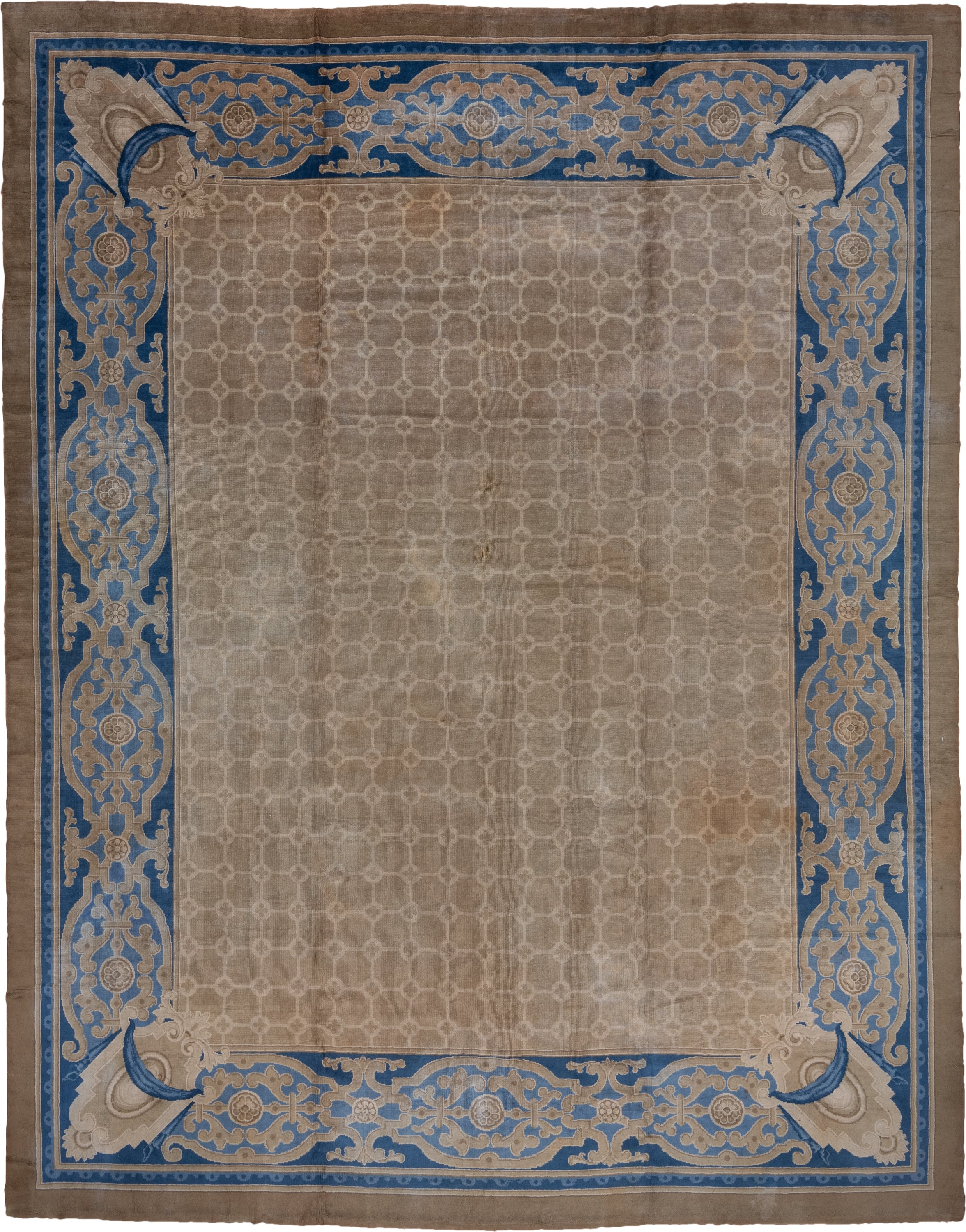 12' x 15' one-of-a-kind handmade antique European oversize rug. Color palette: taupe, blue, ivory, beige, camel, gray