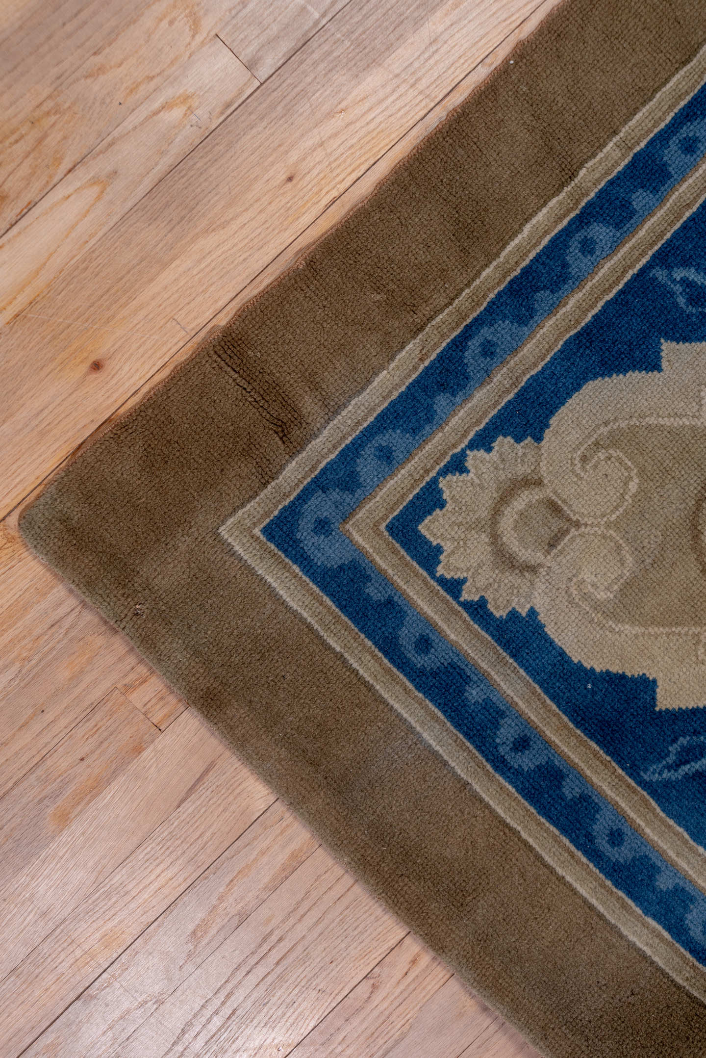 12' x 15' one-of-a-kind handmade antique European oversize rug. Color palette: taupe, blue, ivory, beige, camel, gray