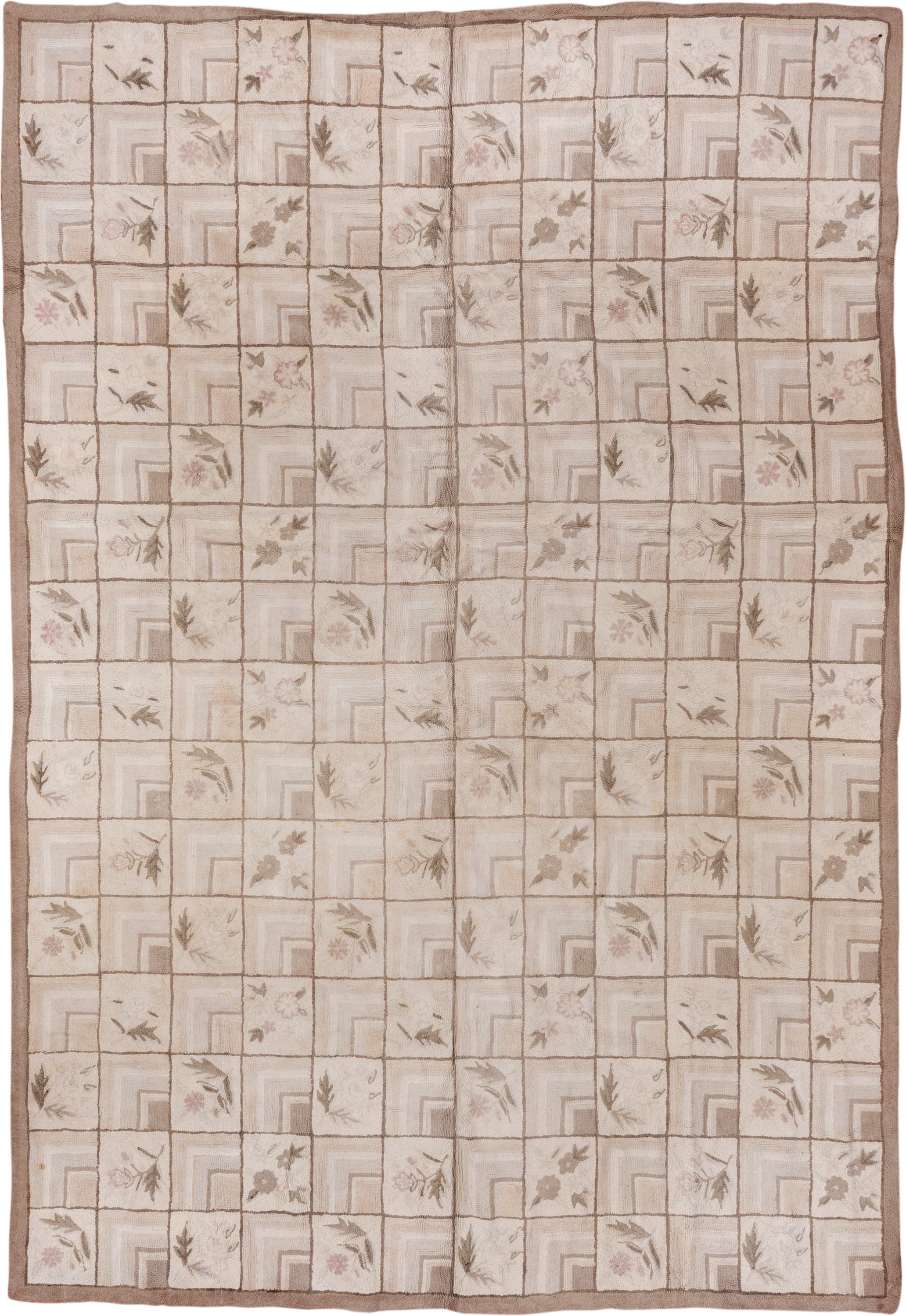 9' x 13' one-of-a-kind handmade antique Hooked large size rug. Color palette: ivory, taupe, beige, blush, sage, brown, gray