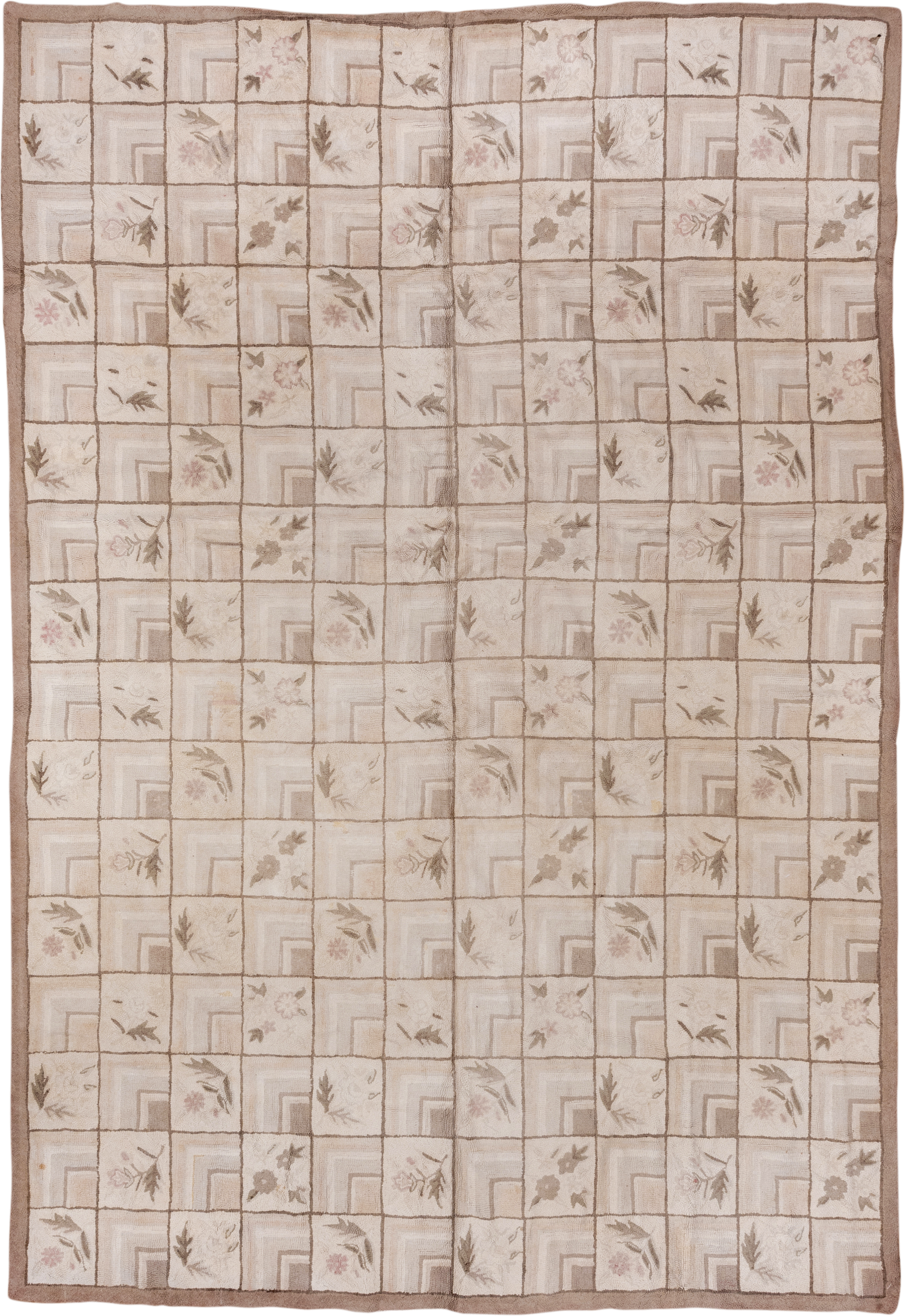 9' x 13' one-of-a-kind handmade antique Hooked large size rug. Color palette: ivory, taupe, beige, blush, sage, brown, gray