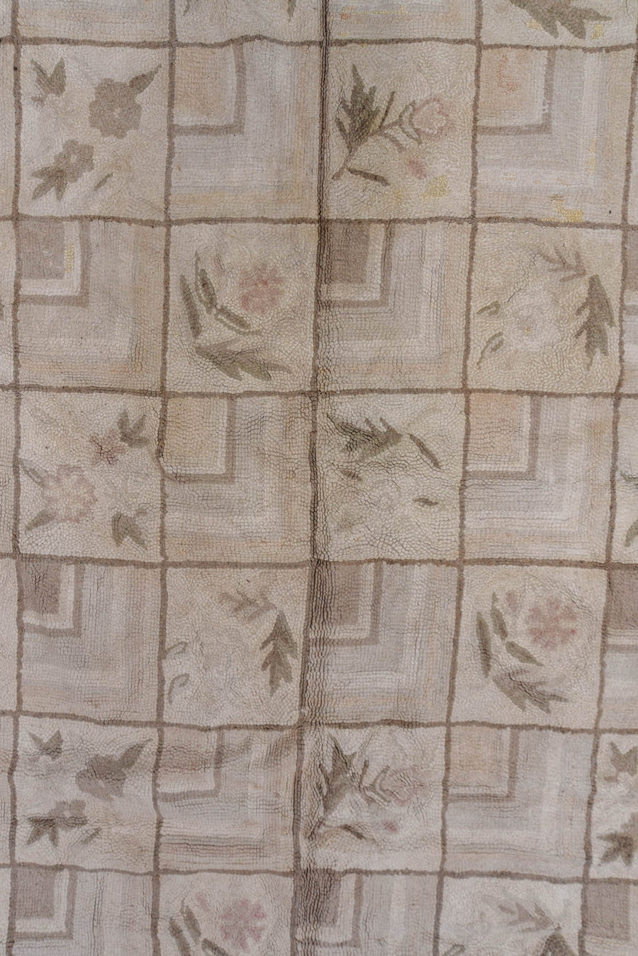 9' x 13' one-of-a-kind handmade antique Hooked large size rug. Color palette: ivory, taupe, beige, blush, sage, brown, gray