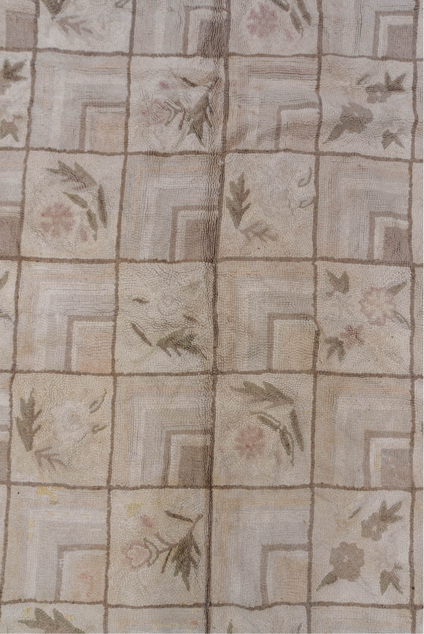 9' x 13' one-of-a-kind handmade antique Hooked large size rug. Color palette: ivory, taupe, beige, blush, sage, brown, gray