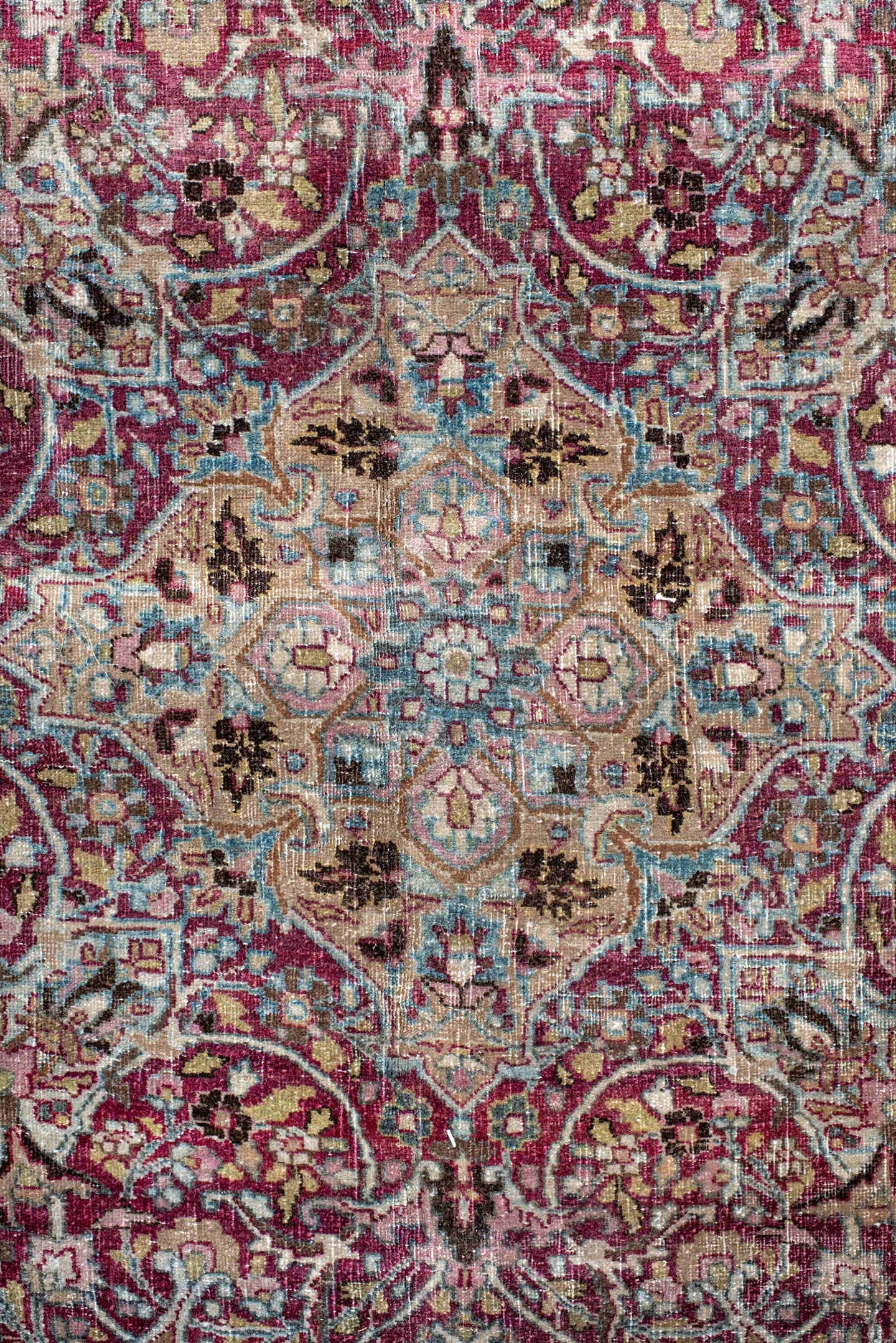 11' x 15' one-of-a-kind handmade antique Meshed oversize rug. Color palette: sky blue, burgundy, ivory, rose, taupe, slate