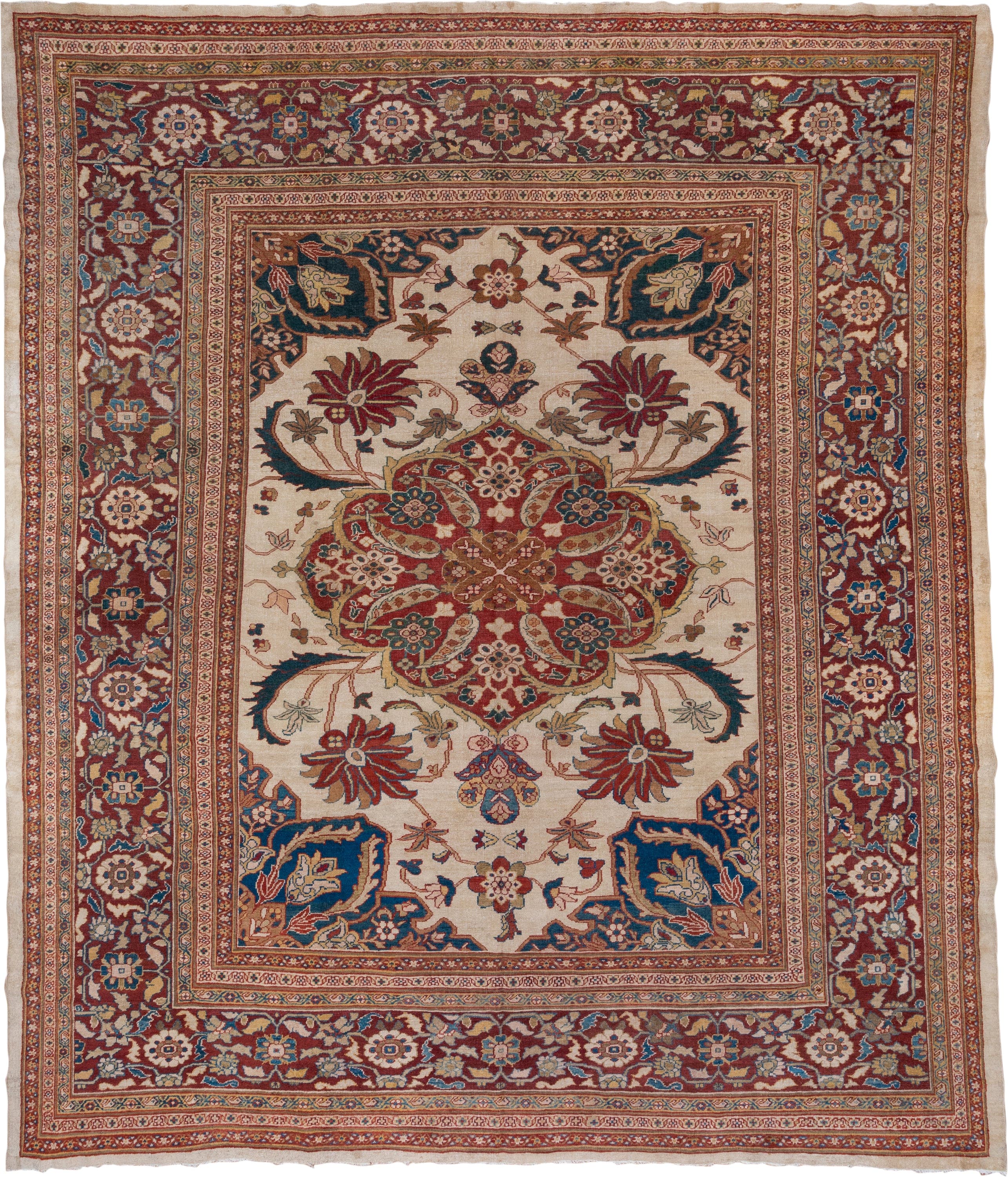 12' x 14' one-of-a-kind handmade antique Sultanabad oversize rug. Color palette: ivory, rust, brick red, indigo, soft blue