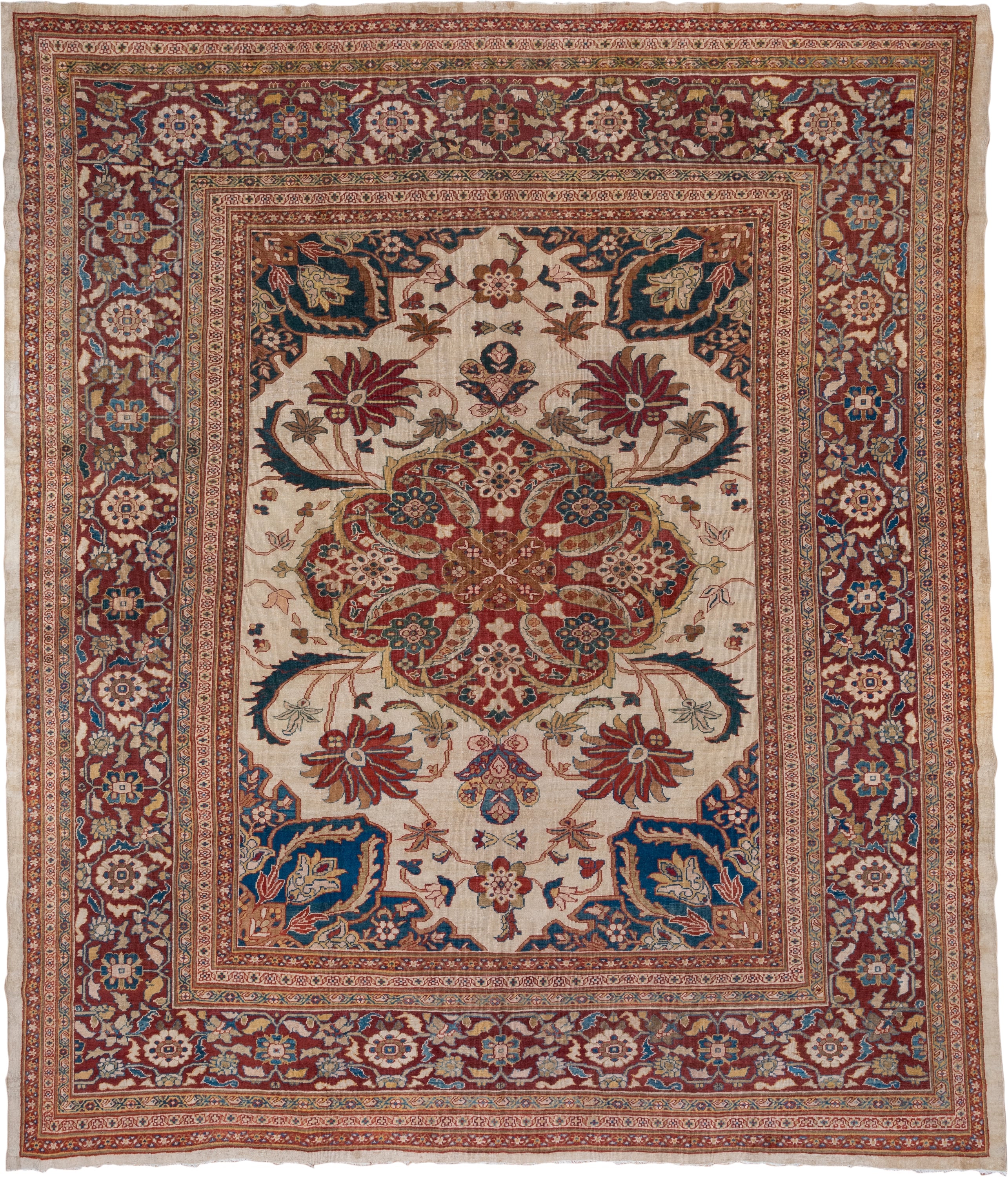12' x 14' one-of-a-kind handmade antique Sultanabad oversize rug. Color palette: ivory, rust, brick red, indigo, soft blue