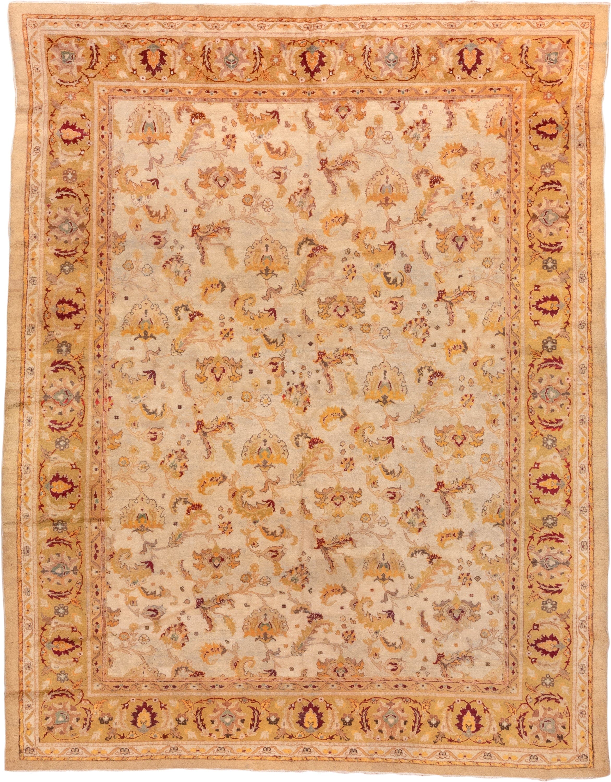 9' x 11' one-of-a-kind handmade antique Amritzar large size rug. Color palette: ivory, gold, camel, saffron, taupe, burgundy