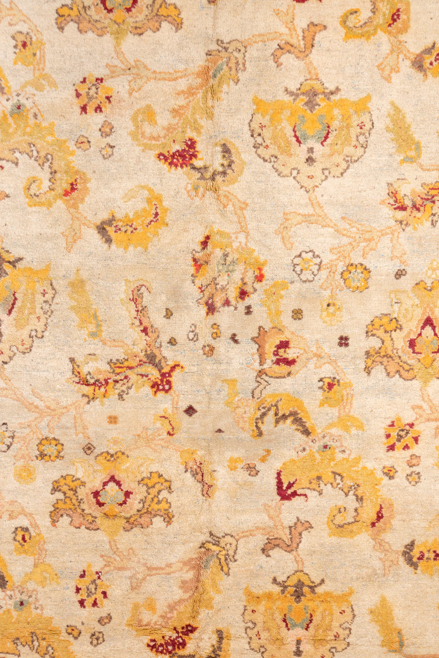 9' x 11' one-of-a-kind handmade antique Amritzar large size rug. Color palette: ivory, gold, camel, saffron, taupe, burgundy