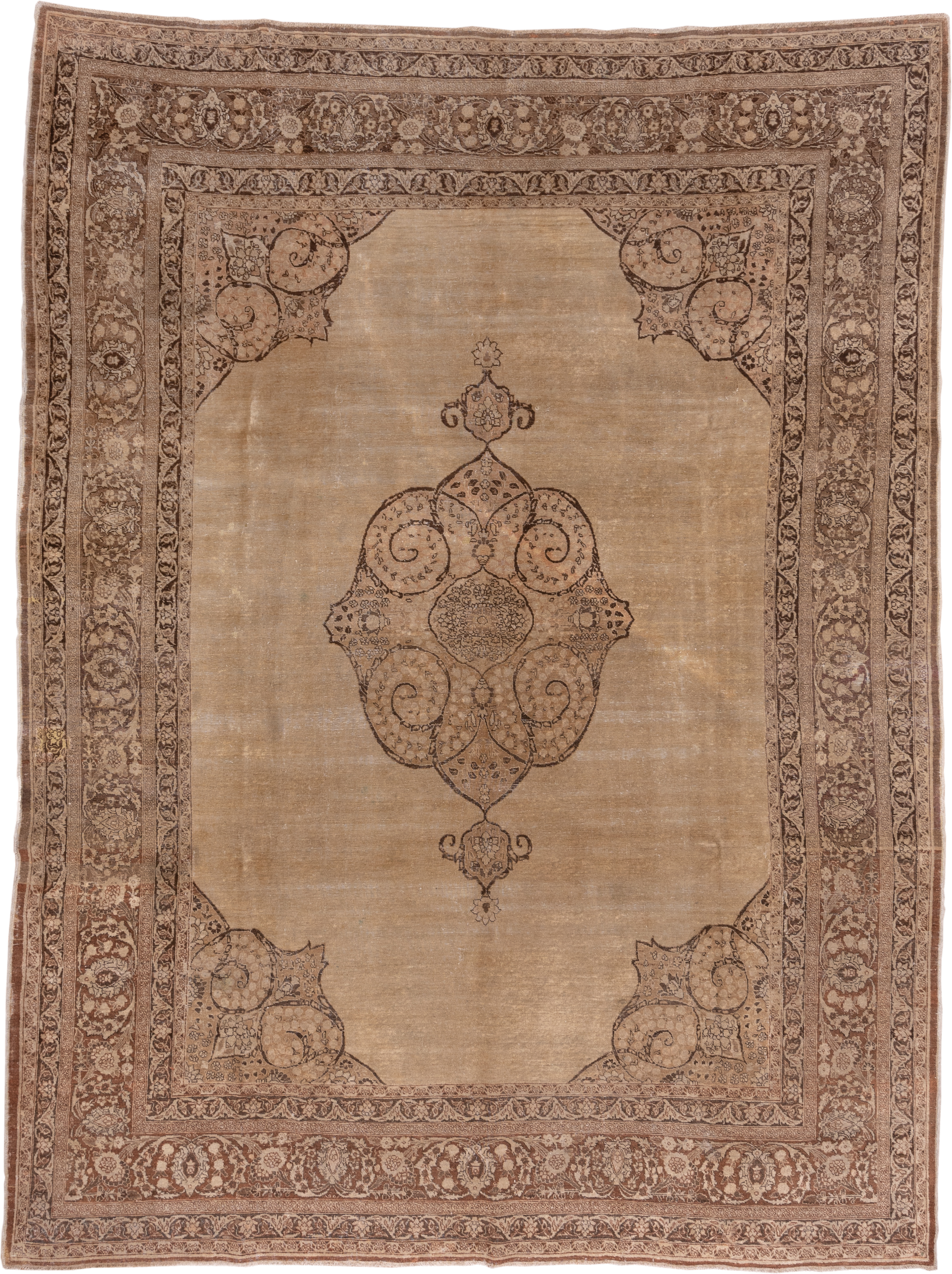 9' x 12' one-of-a-kind handmade antique Tabriz large size rug. Color palette: camel, taupe, brown, ivory, beige, gray
