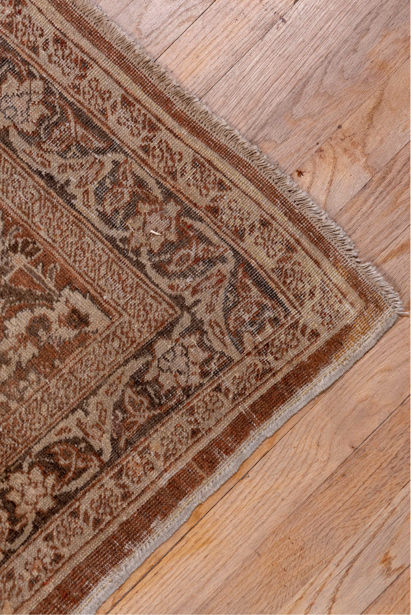 9' x 12' one-of-a-kind handmade antique Tabriz large size rug. Color palette: camel, taupe, brown, ivory, beige, gray