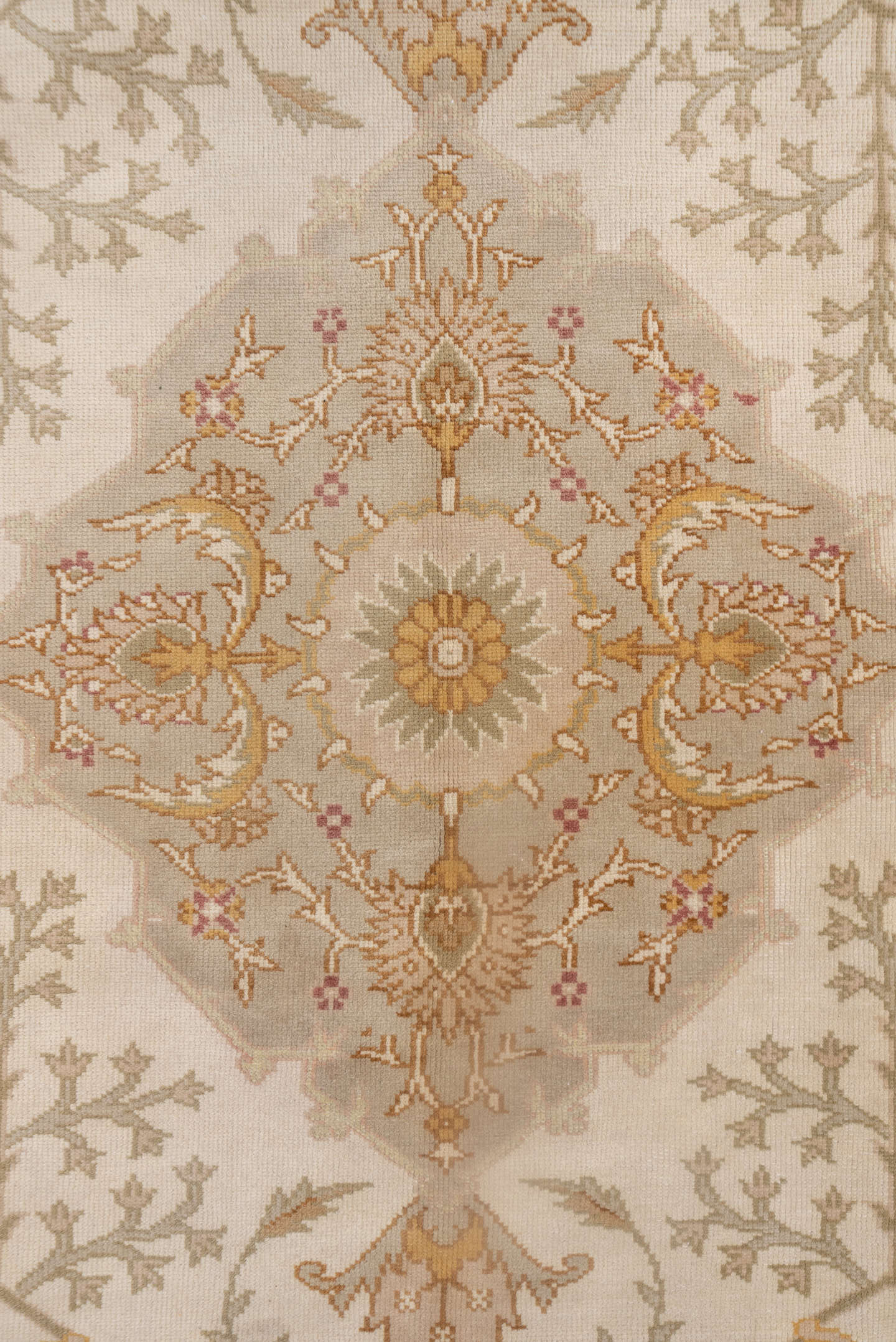 8' x 11' one-of-a-kind handmade antique Oushak large size rug. Color palette: ivory, taupe, gold, blush, sage, camel, rose