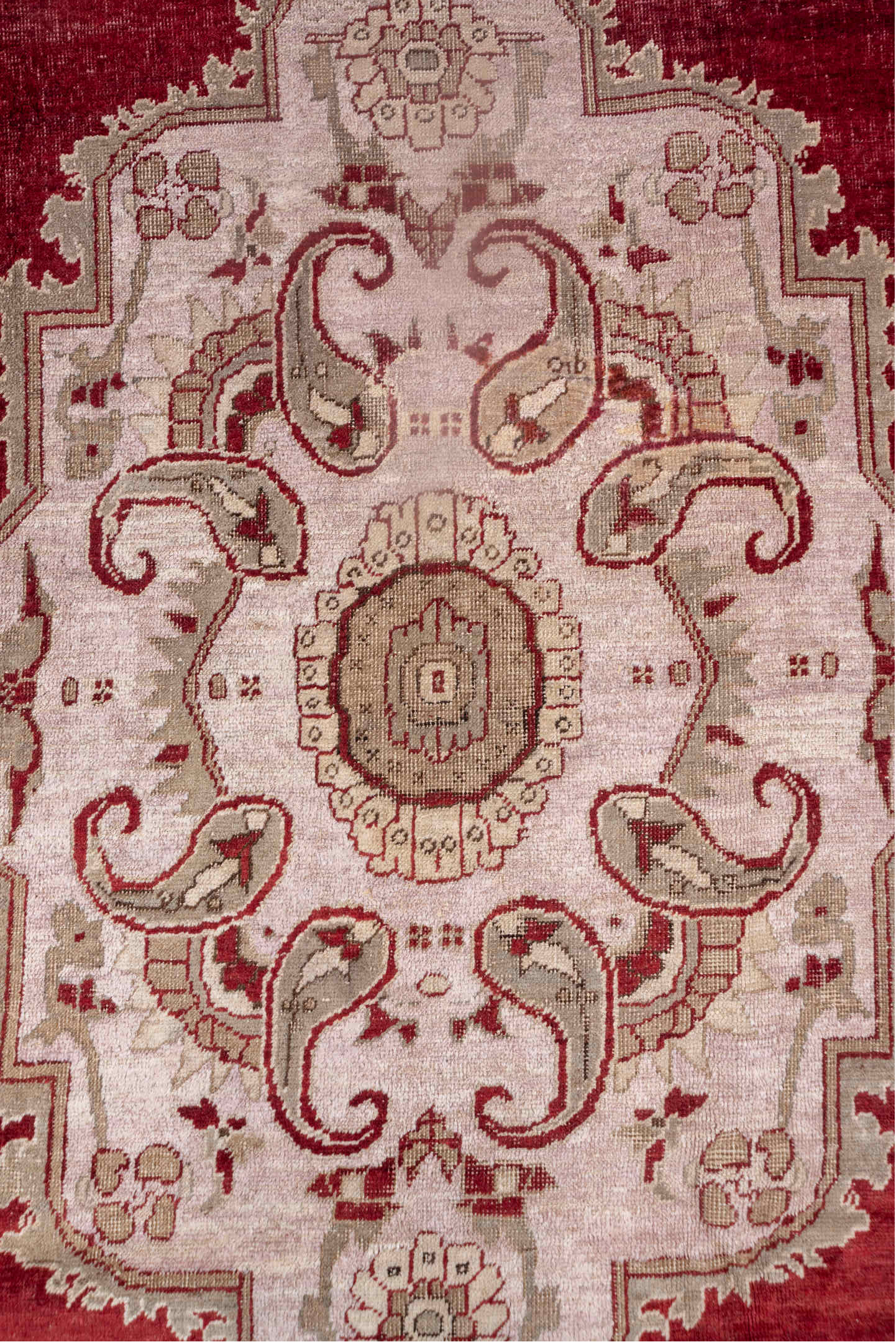 7' x 10' one-of-a-kind handmade vintage Oushak large size rug. Color palette: brown, gray, light gray, off-white, pink, red