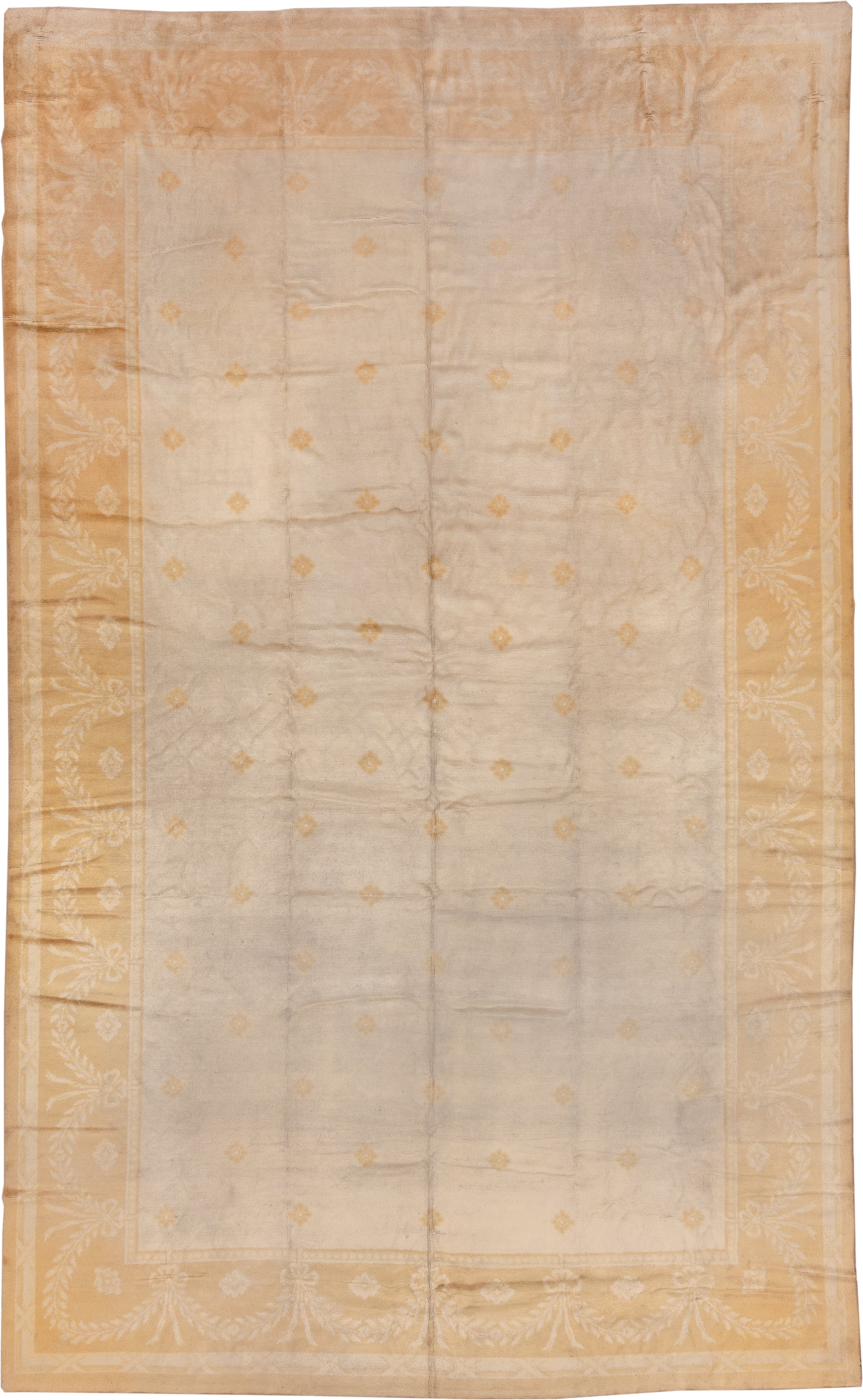 10' x 17' one-of-a-kind handmade antique Savonnerie rug. Color palette: ivory, camel, gold, cream, beige