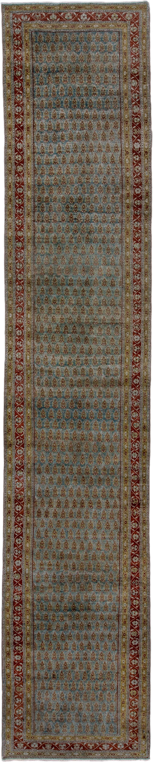 3' x 17' one-of-a-kind handmade antique Malayer runner rug. Color palette: sky blue, rust, ivory, camel, taupe, slate, brown