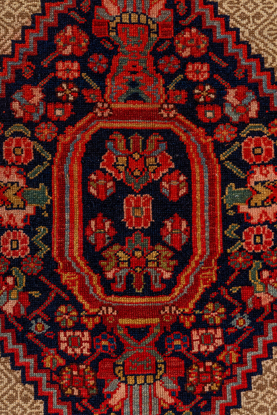 6' x 12' one-of-a-kind handmade antique Cam Hamadan large size rug. Color palette: camel, navy, rust, crimson, ivory, sage