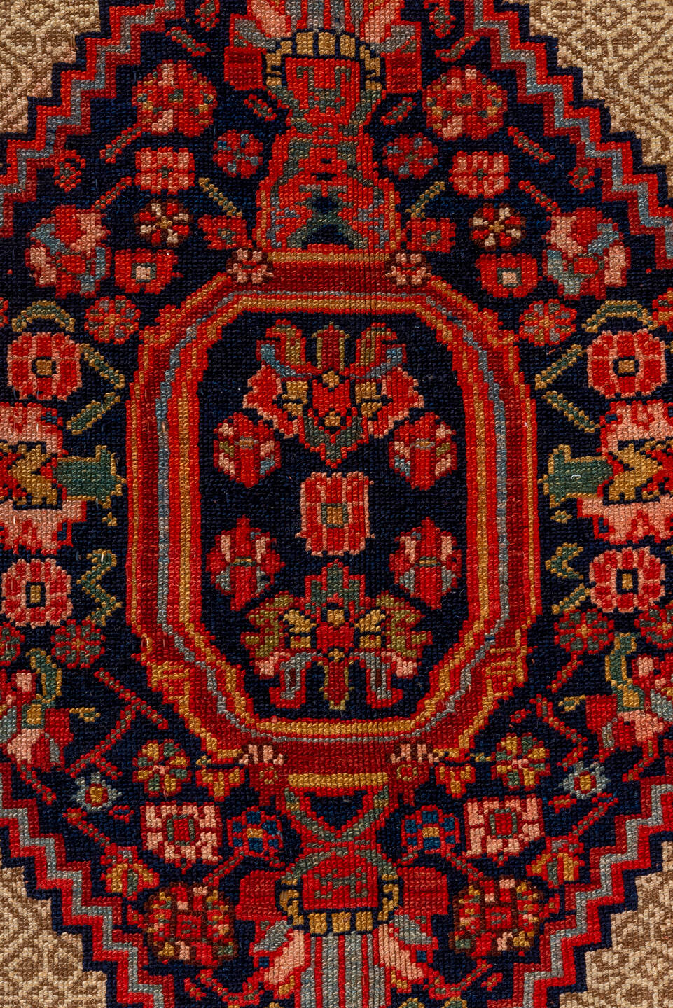 6' x 12' one-of-a-kind handmade antique Cam Hamadan large size rug. Color palette: camel, navy, rust, crimson, ivory, sage