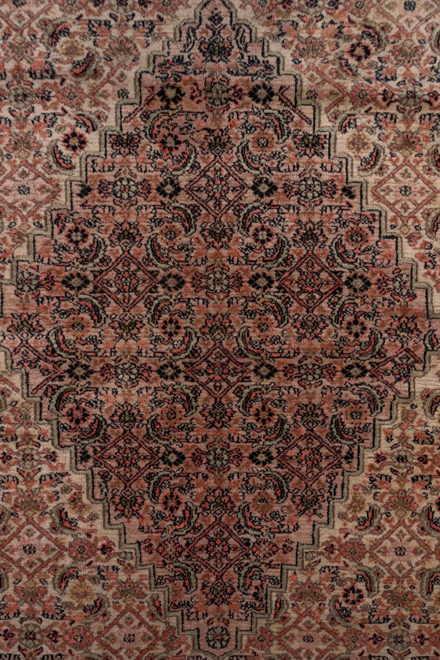 13' x 15' one-of-a-kind handmade antique Khorassan oversize rug. Color palette: rose, ivory, dusty pink, taupe, charcoal